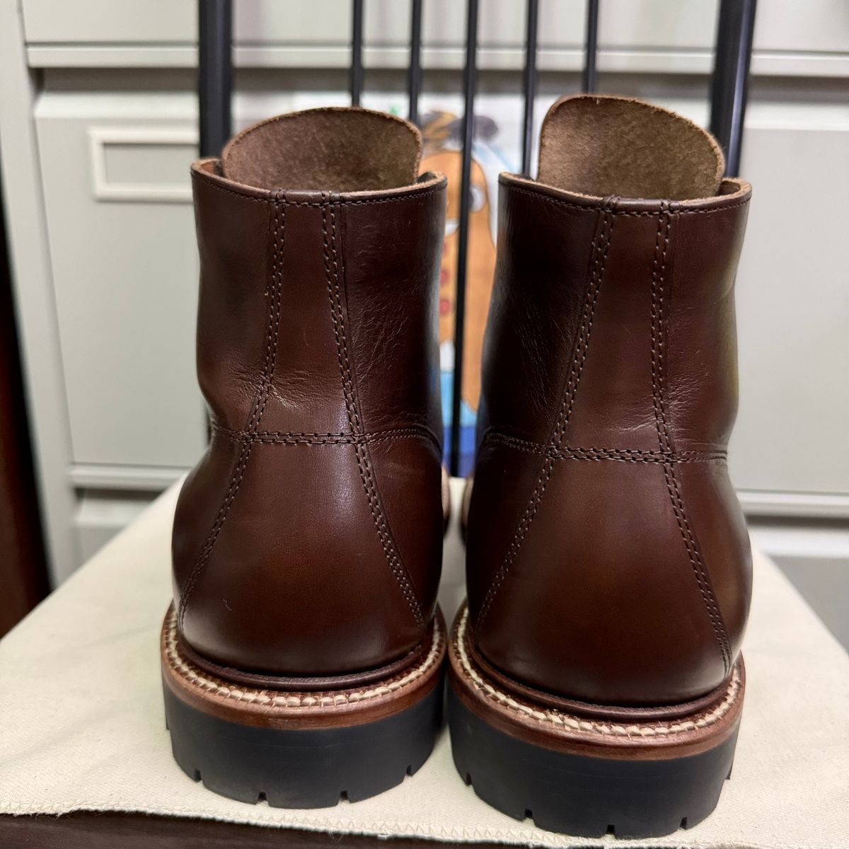 Photo by stinkypatina on October 12, 2025 of the Grant Stone Brass Boot in Horween Crimson Chromexcel.