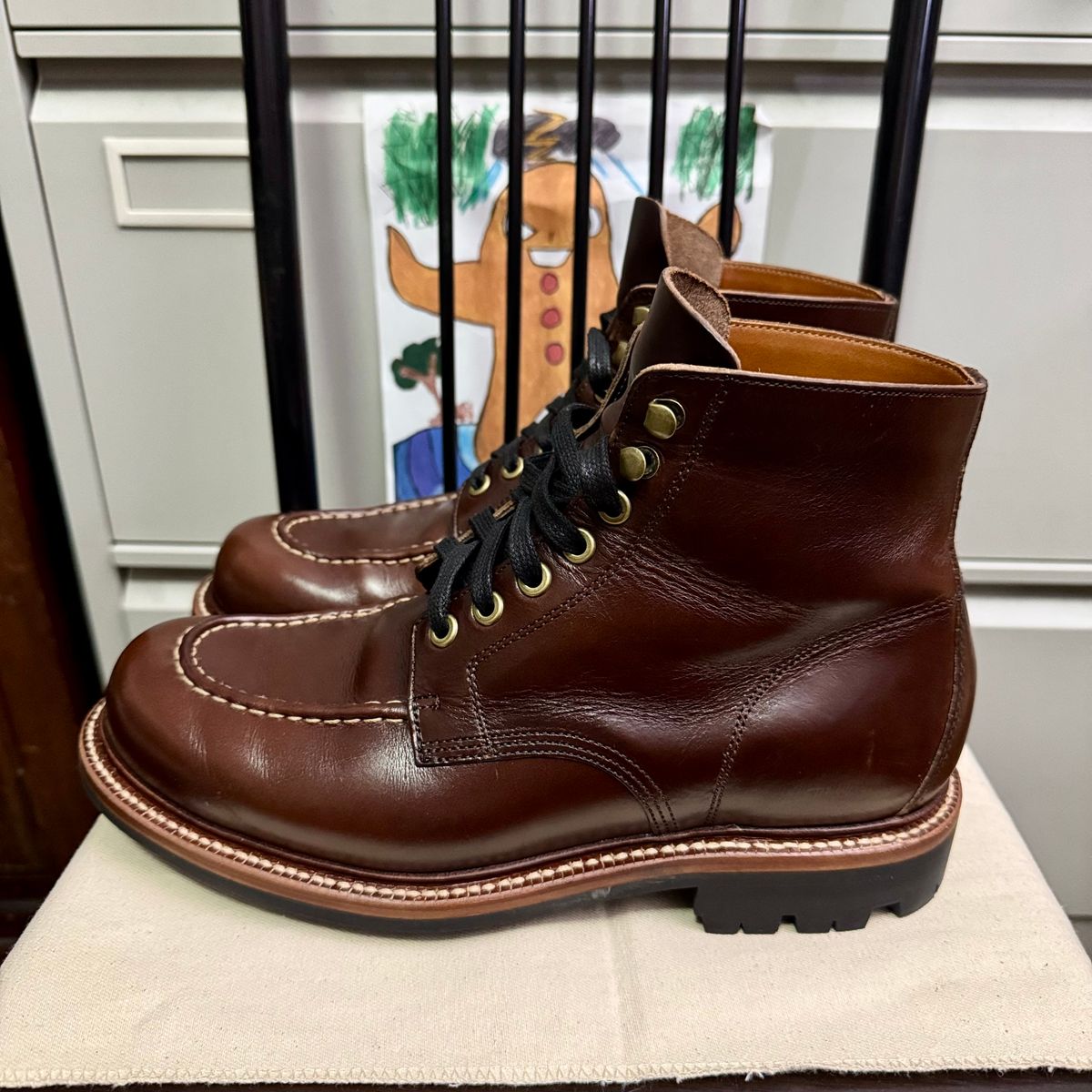 Photo by stinkypatina on October 12, 2025 of the Grant Stone Brass Boot in Horween Crimson Chromexcel.