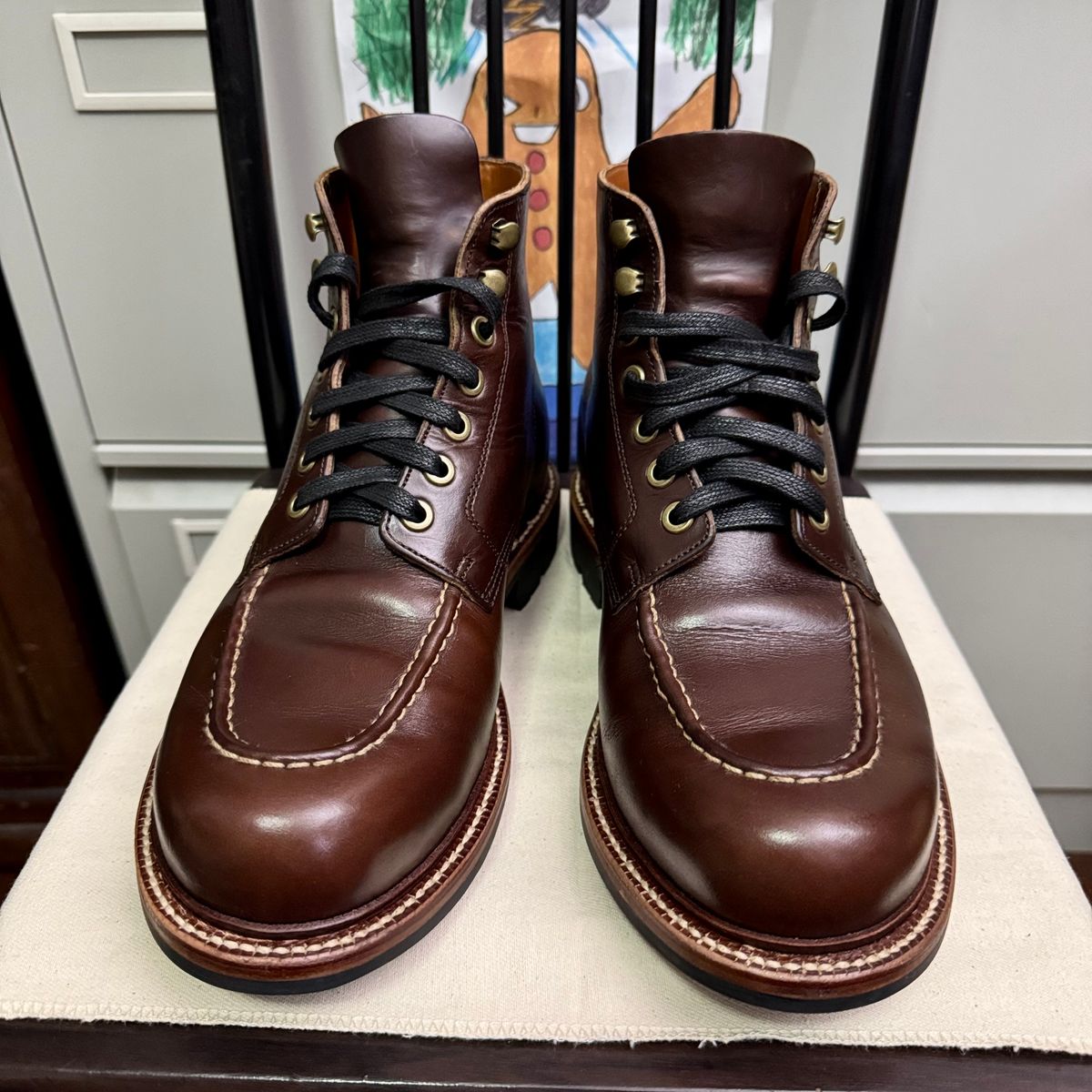 Photo by stinkypatina on October 12, 2025 of the Grant Stone Brass Boot in Horween Crimson Chromexcel.