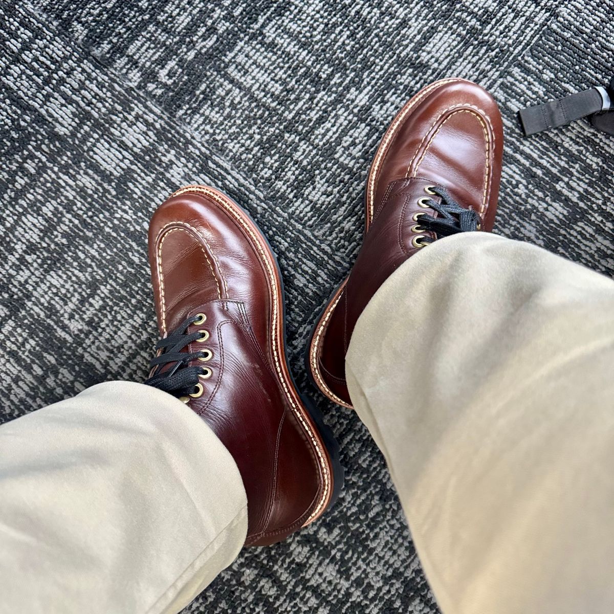 Photo by stinkypatina on October 27, 2025 of the Grant Stone Brass Boot in Horween Crimson Chromexcel.