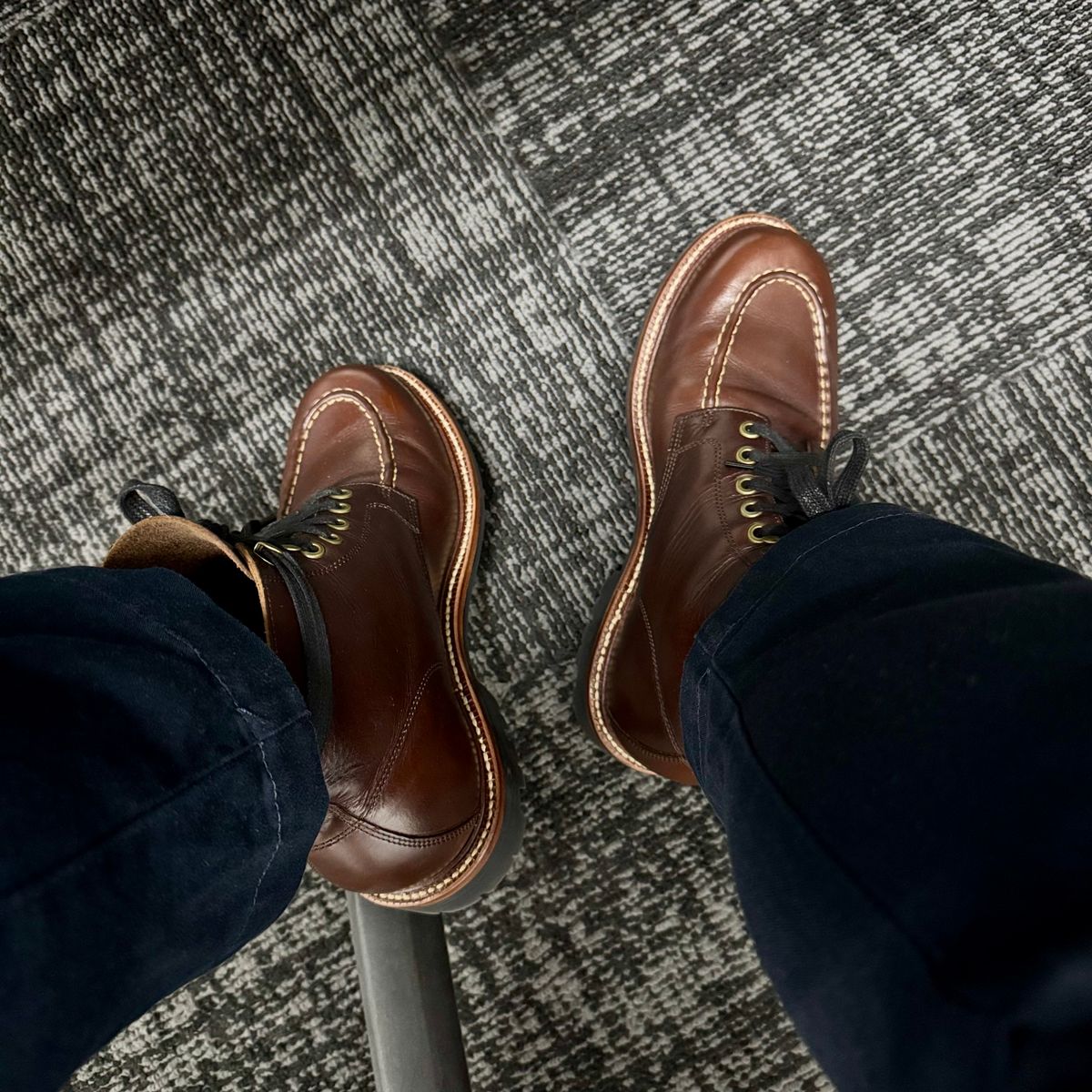 Photo by stinkypatina on November 24, 2025 of the Grant Stone Brass Boot in Horween Crimson Chromexcel.