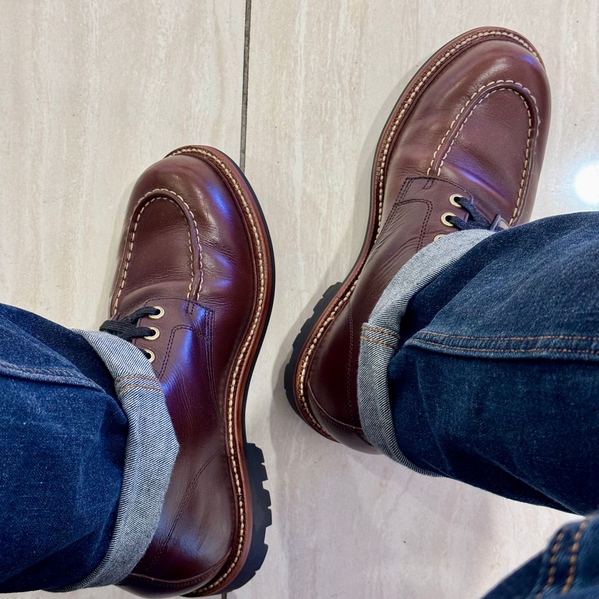 Photo by stinkypatina on January 24, 2026 of the Grant Stone Brass Boot in Horween Crimson Chromexcel.