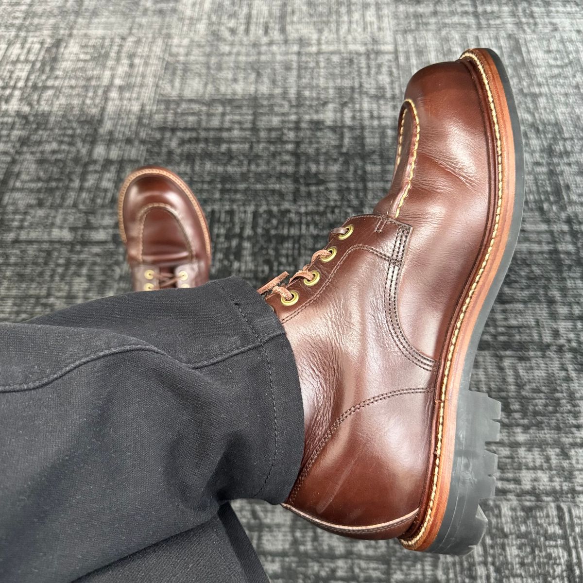 Photo by stinkypatina on June 30, 2026 of the Grant Stone Brass Boot in Horween Crimson Chromexcel.
