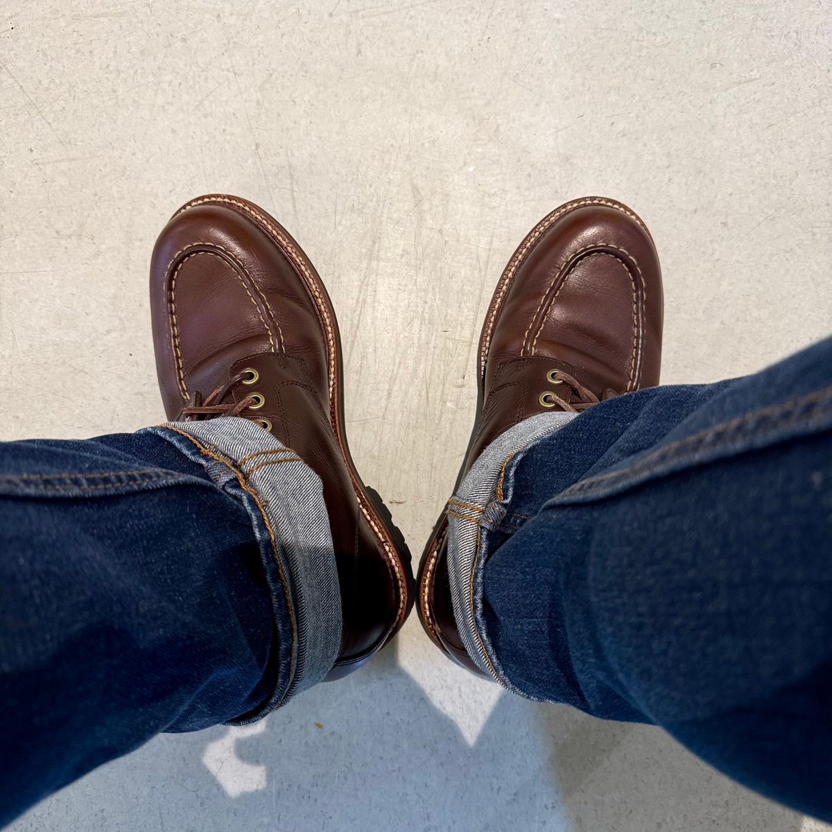 Photo by stinkypatina on June 29, 2026 of the Grant Stone Brass Boot in Horween Crimson Chromexcel.