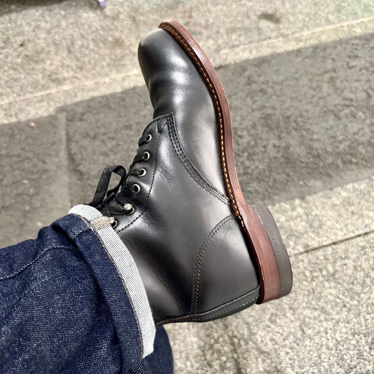 Photo by stinkypatina on August 19, 2025 of the Wolverine 1000 Mile Plain-Toe Boot in Horween Black Chromexcel.