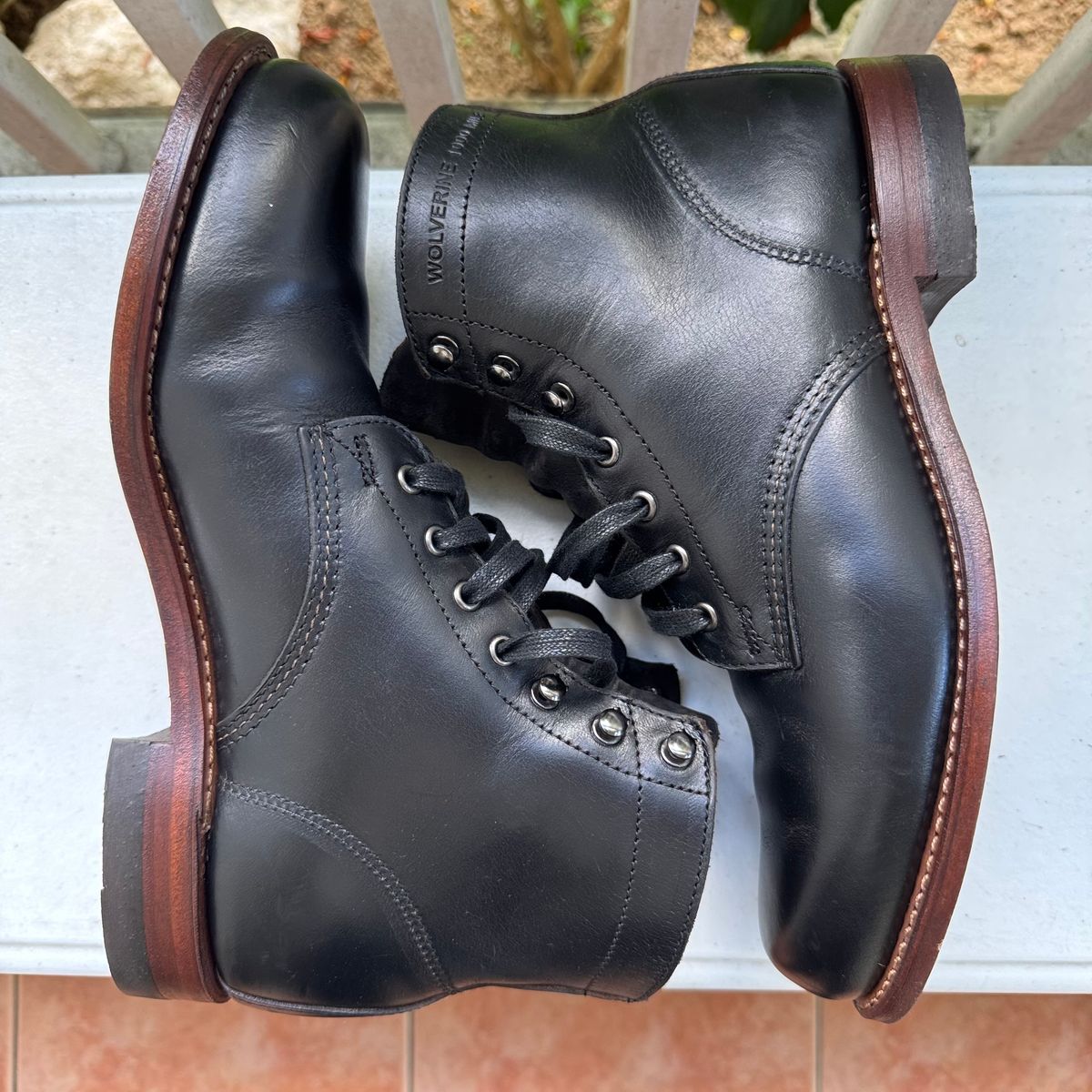 Photo by stinkypatina on August 19, 2025 of the Wolverine 1000 Mile Plain-Toe Boot in Horween Black Chromexcel.