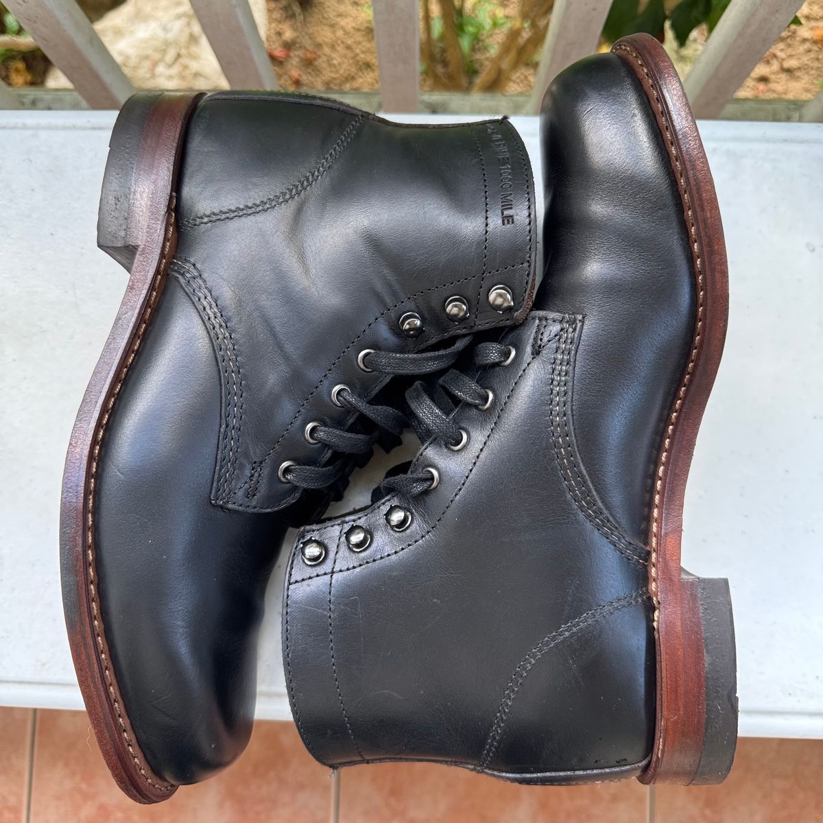 Photo by stinkypatina on August 19, 2025 of the Wolverine 1000 Mile Plain-Toe Boot in Horween Black Chromexcel.