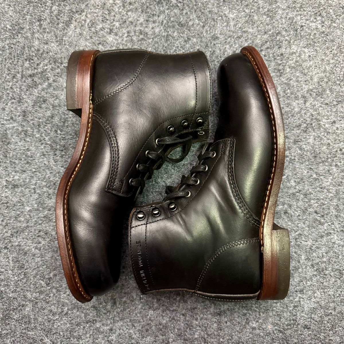 Photo by stinkypatina on October 29, 2025 of the Wolverine 1000 Mile Plain-Toe Boot in Horween Black Chromexcel.