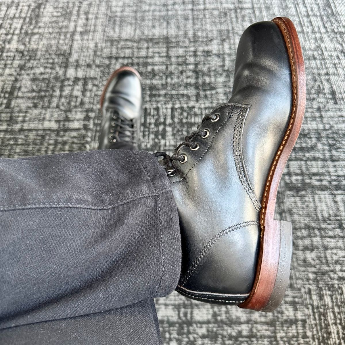 Photo by stinkypatina on March 9, 2026 of the Wolverine 1000 Mile Plain-Toe Boot in Horween Black Chromexcel.