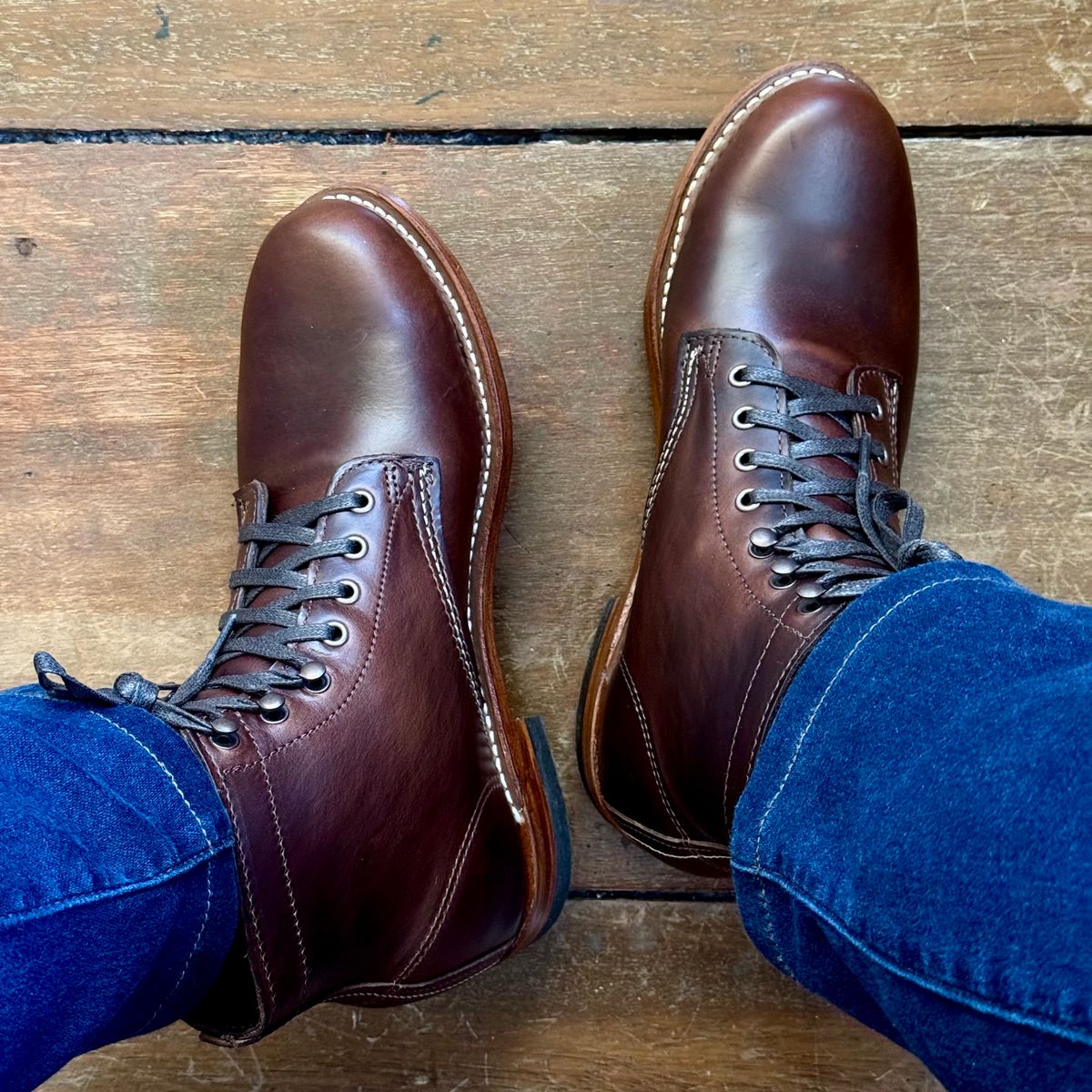 Photo by stinkypatina on March 23, 2026 of the Wolverine 1000 Mile Plain-Toe Boot in Horween Brown Chromexcel.