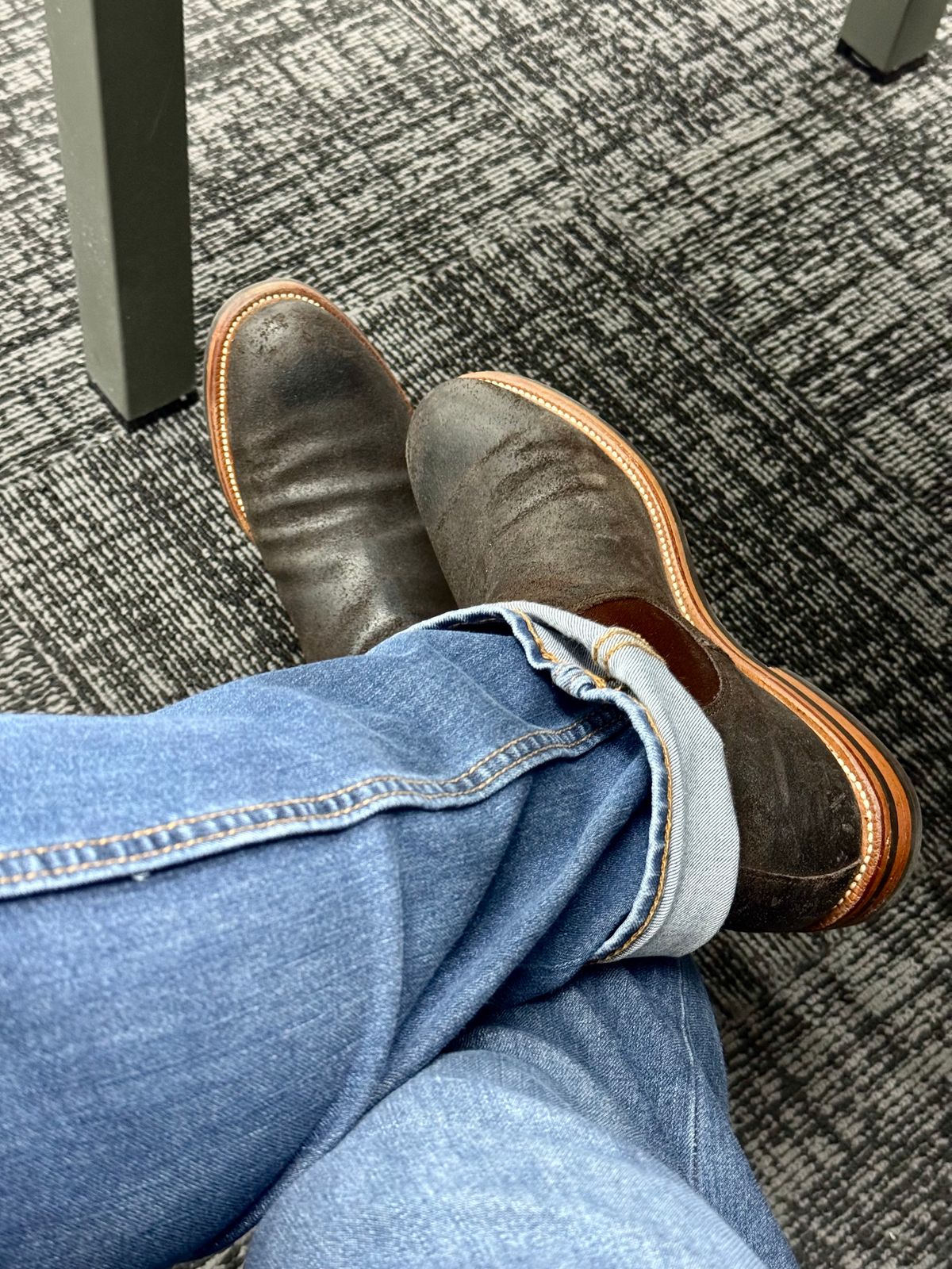 Photo by stinkypatina on May 9, 2025 of the Grant Stone Chelsea Boot in C.F. Stead Earth Waxy Commander Suede.