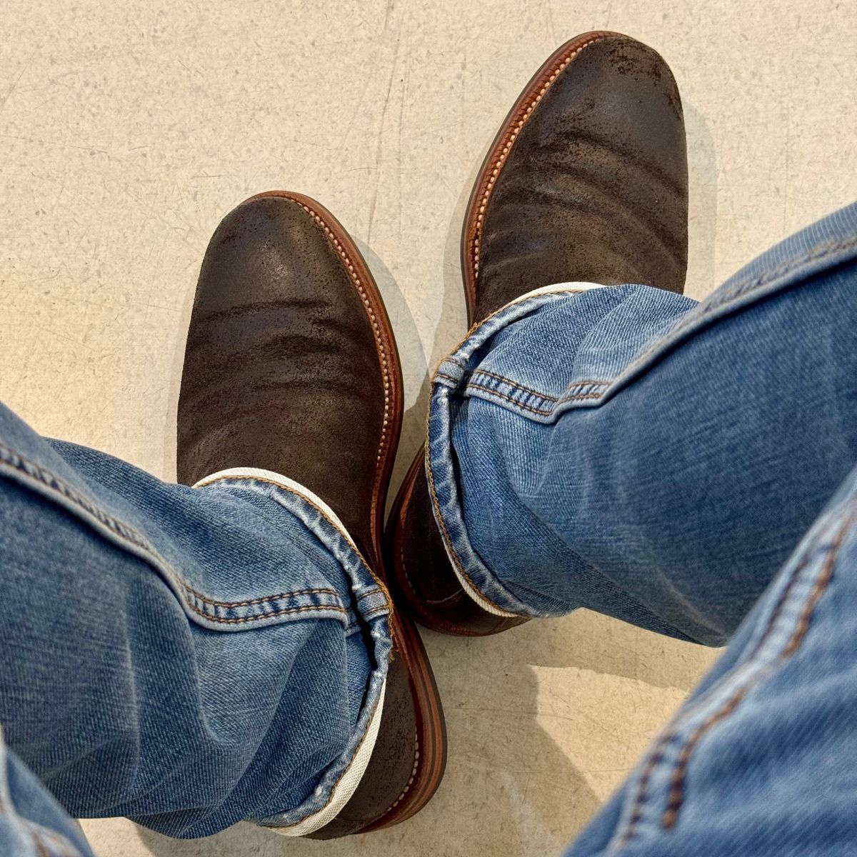 Photo by stinkypatina on July 21, 2025 of the Grant Stone Chelsea Boot in C.F. Stead Earth Waxy Commander Suede.