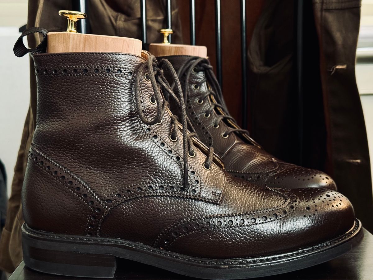 Photo by mrtinkertrain13 on May 26, 2024 of the NPS Shoes Brogue Boot in Walnut Grain & Calf.