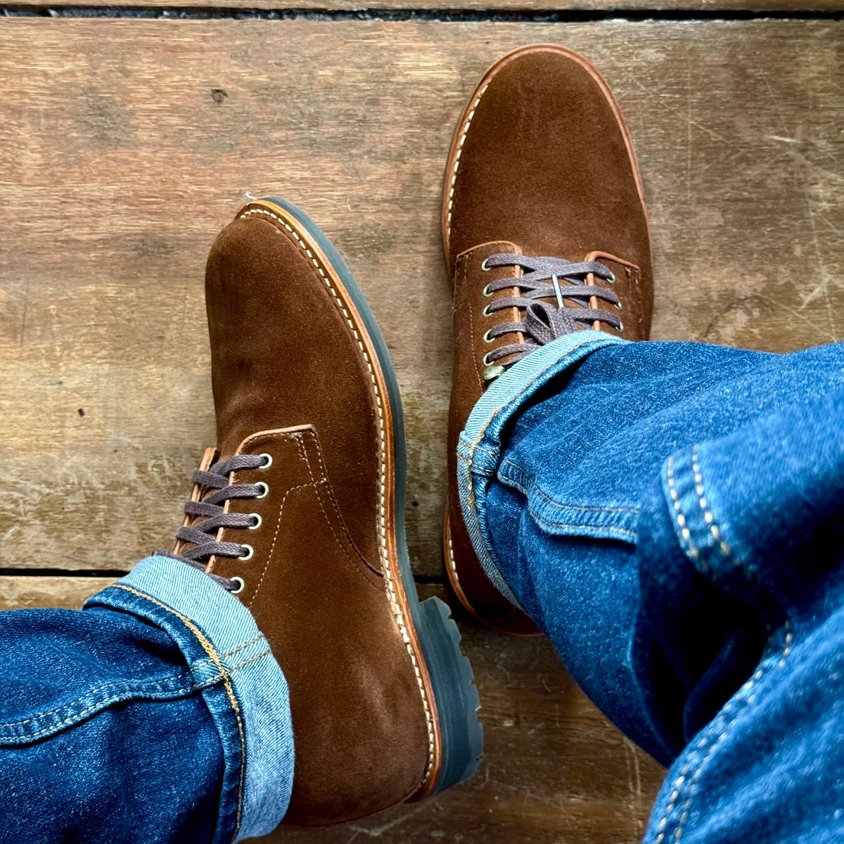 Photo by stinkypatina on April 11, 2026 of the J.Crew Kenton Plain-Toe Boots in C.F. Stead Snuff Repello Calf Suede.