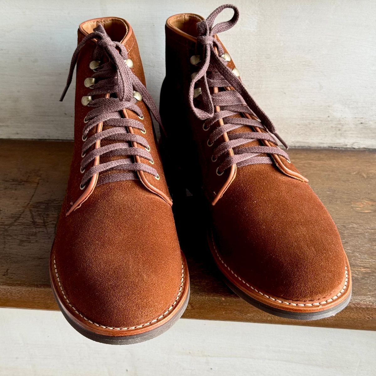 Photo by stinkypatina on April 11, 2026 of the J.Crew Kenton Plain-Toe Boots in C.F. Stead Snuff Repello Calf Suede.