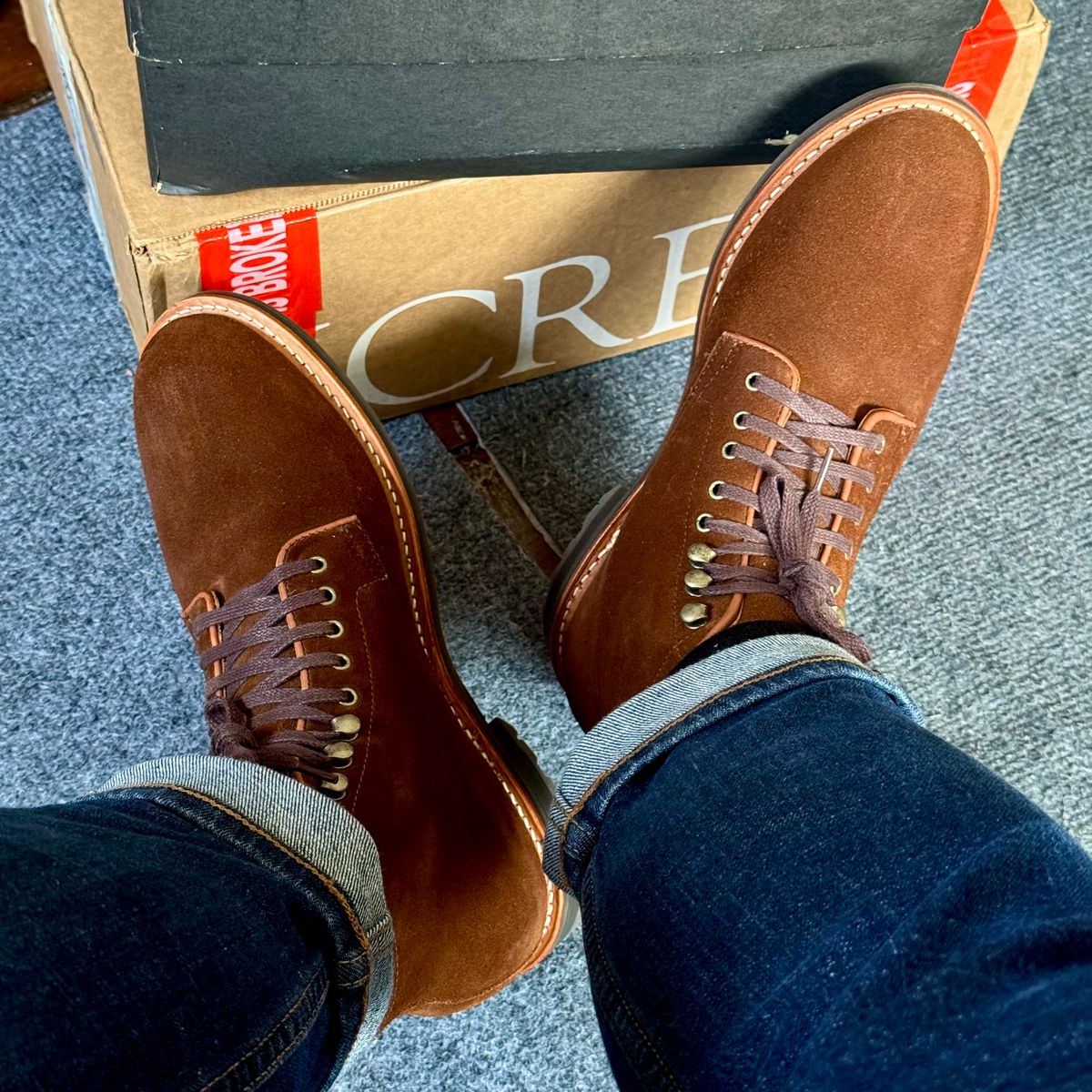 Photo by stinkypatina on April 11, 2026 of the J.Crew Kenton Plain-Toe Boots in C.F. Stead Snuff Repello Calf Suede.