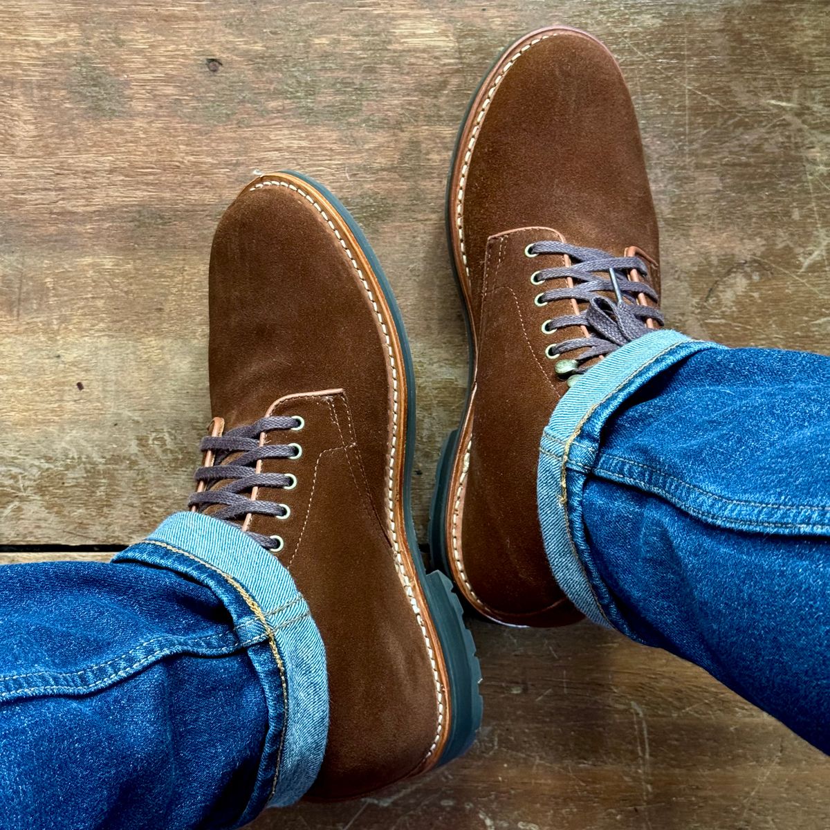 Photo by stinkypatina on April 11, 2026 of the J.Crew Kenton Plain-Toe Boots in C.F. Stead Snuff Repello Calf Suede.