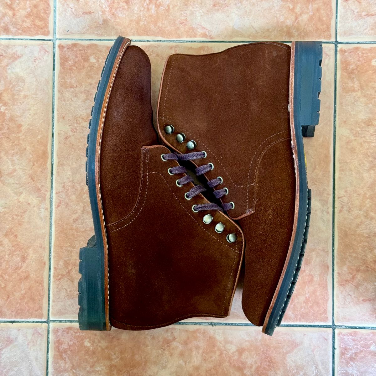 Photo by stinkypatina on April 12, 2026 of the J.Crew Kenton Plain-Toe Boots in C.F. Stead Snuff Repello Calf Suede.