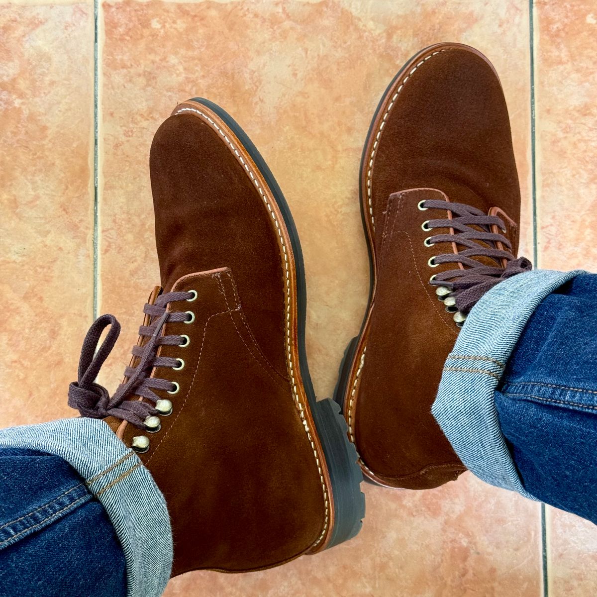 Photo by stinkypatina on April 12, 2026 of the J.Crew Kenton Plain-Toe Boots in C.F. Stead Snuff Repello Calf Suede.