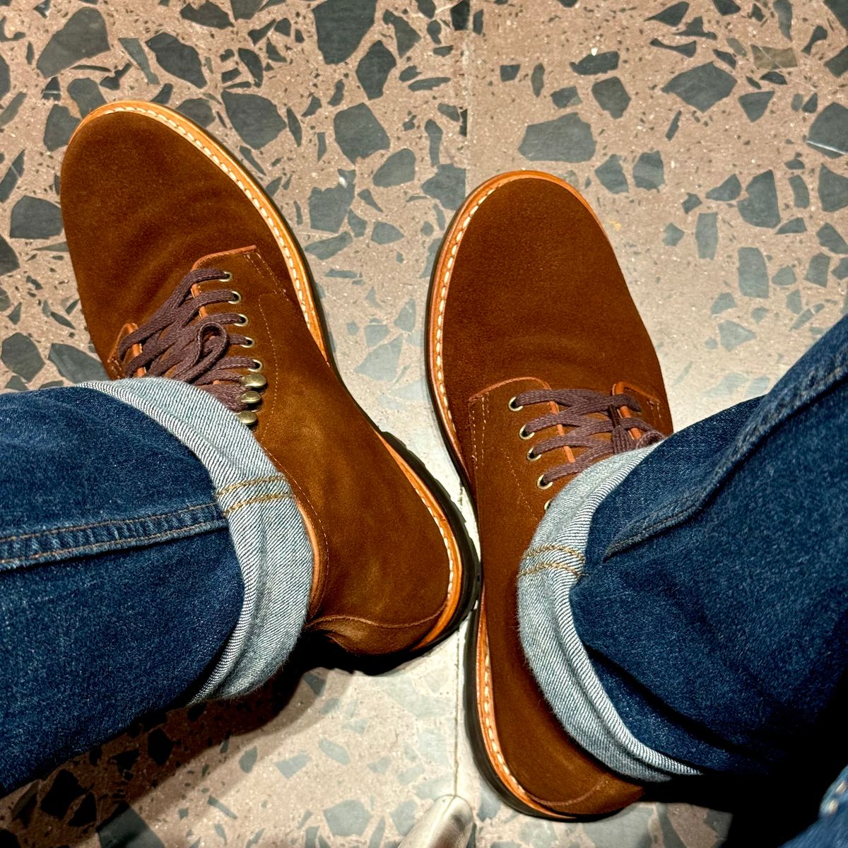 Photo by stinkypatina on April 12, 2026 of the J.Crew Kenton Plain-Toe Boots in C.F. Stead Snuff Repello Calf Suede.