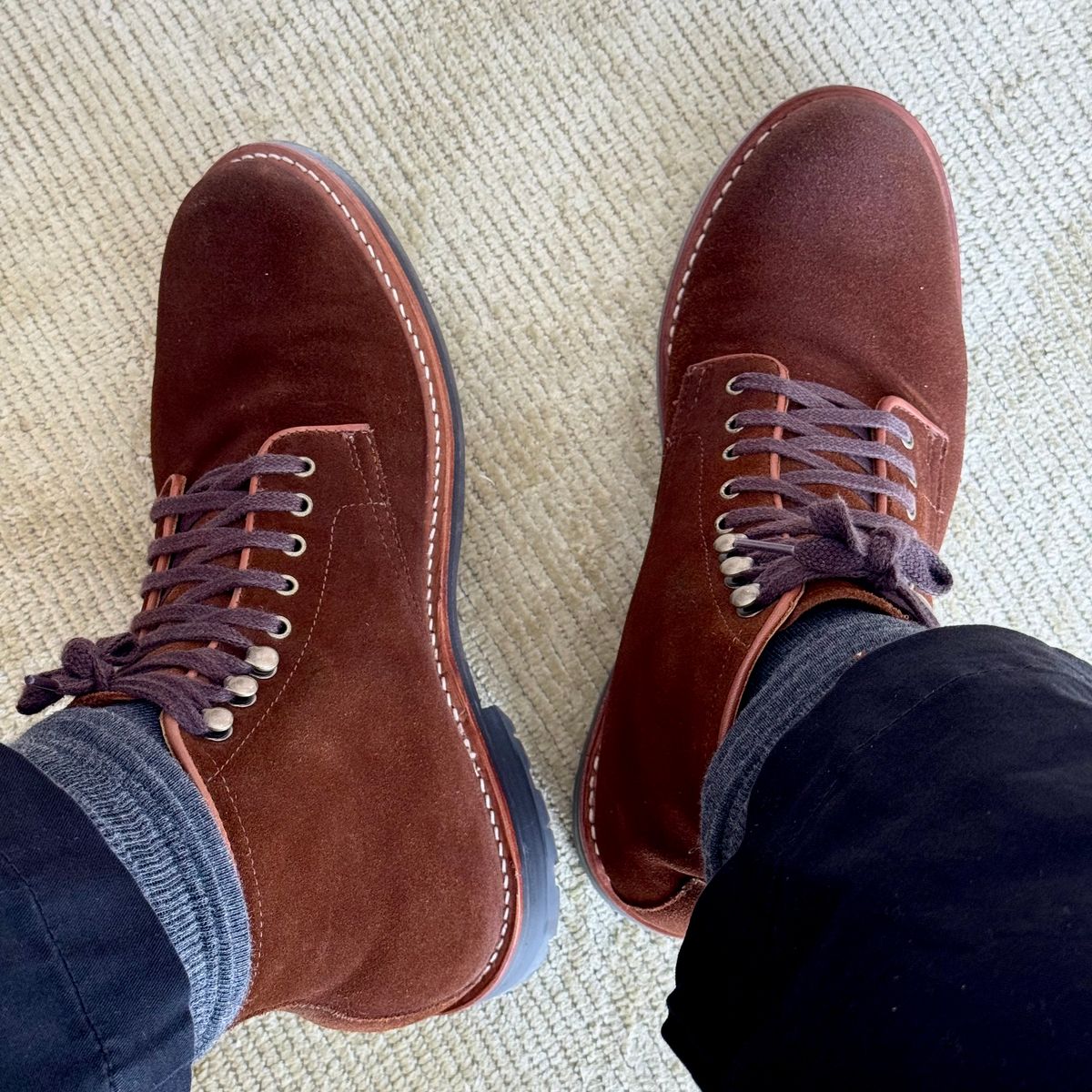 Photo by stinkypatina on April 21, 2026 of the J.Crew Kenton Plain-Toe Boots in C.F. Stead Snuff Repello Calf Suede.