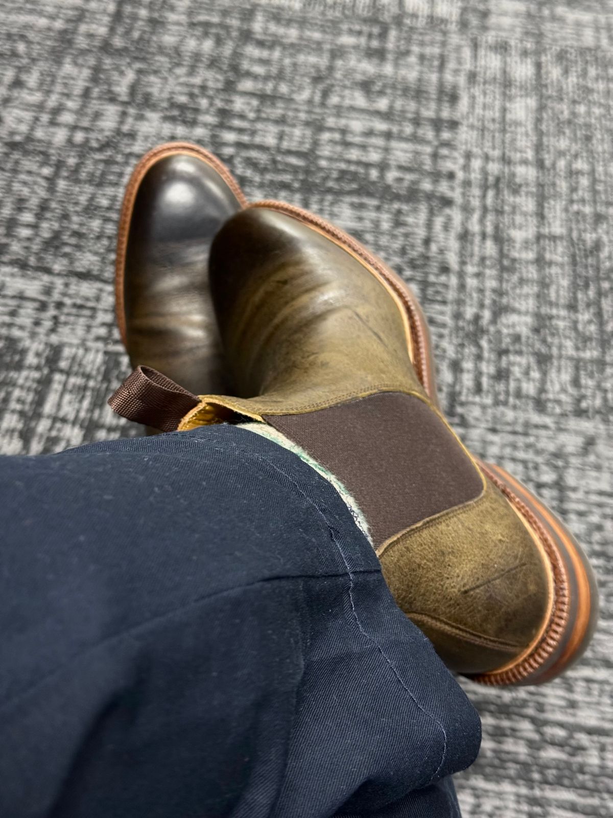 Photo by stinkypatina on September 25, 2024 of the Meermin Chelsea Boot in C.F. Stead Caper Green Waxy Kudu.