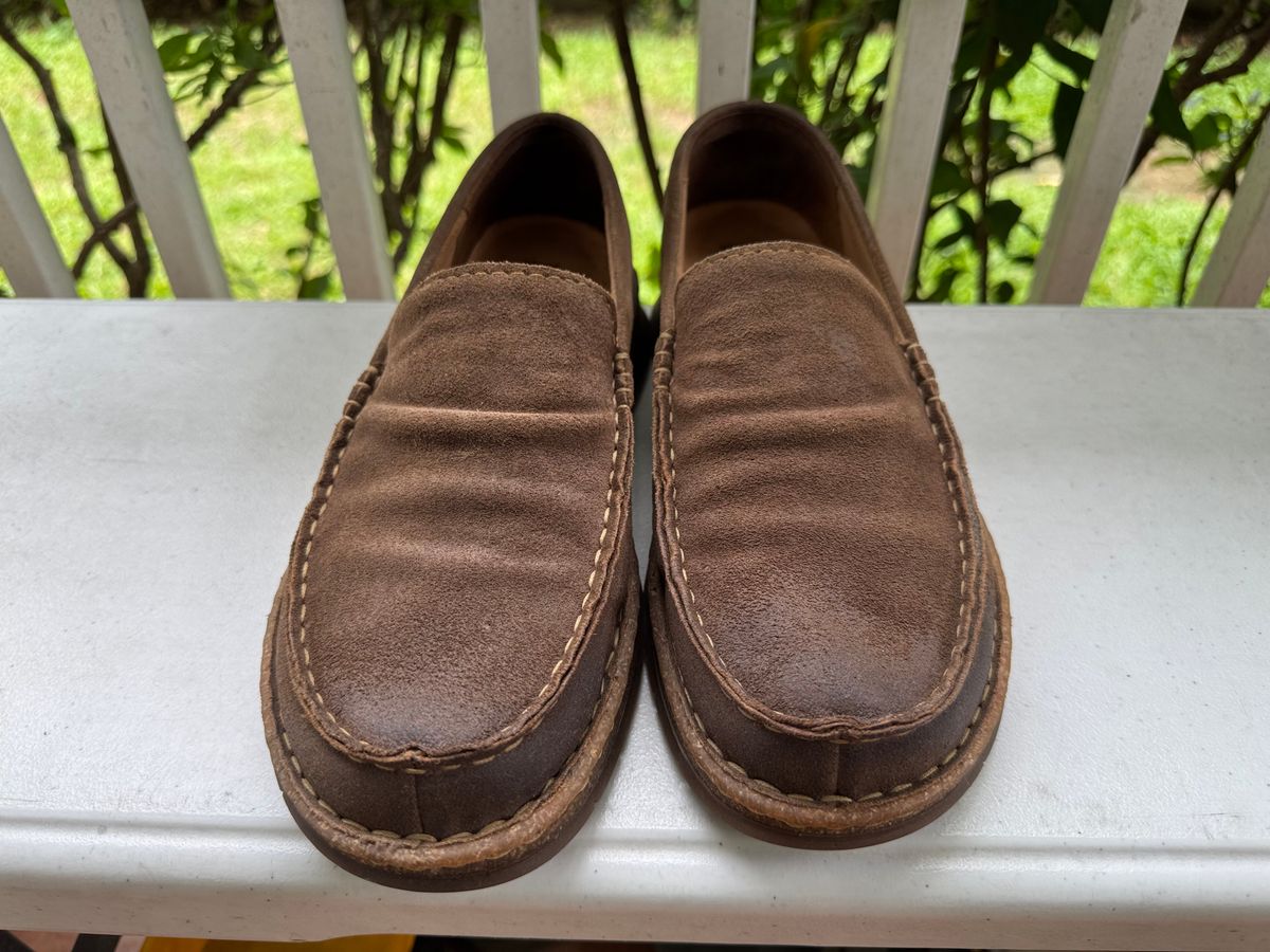Photo by stinkypatina on July 12, 2025 of the Born Baylor Distressed Loafers in Suede.