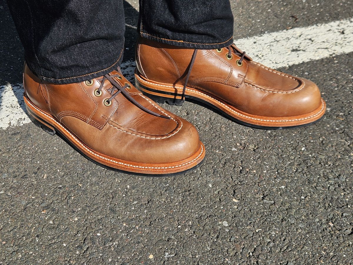 Photo by Shoop on September 4, 2025 of the Grant Stone Brass Boot in Horween Dune Chromexcel.