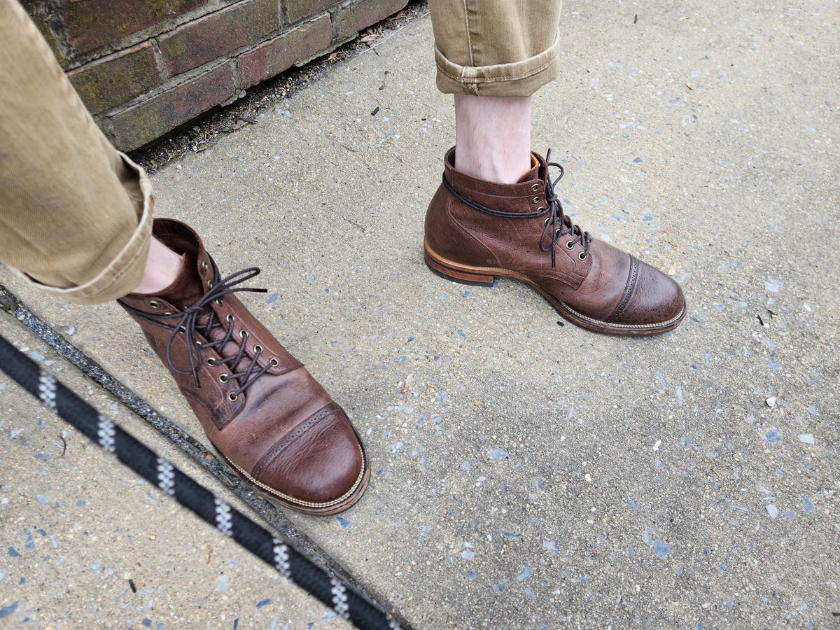 Photo by Griswald_Chillingsworth on April 23, 2023 of the Viberg Service Boot in Cf Stead Hummus Veg Veldt.