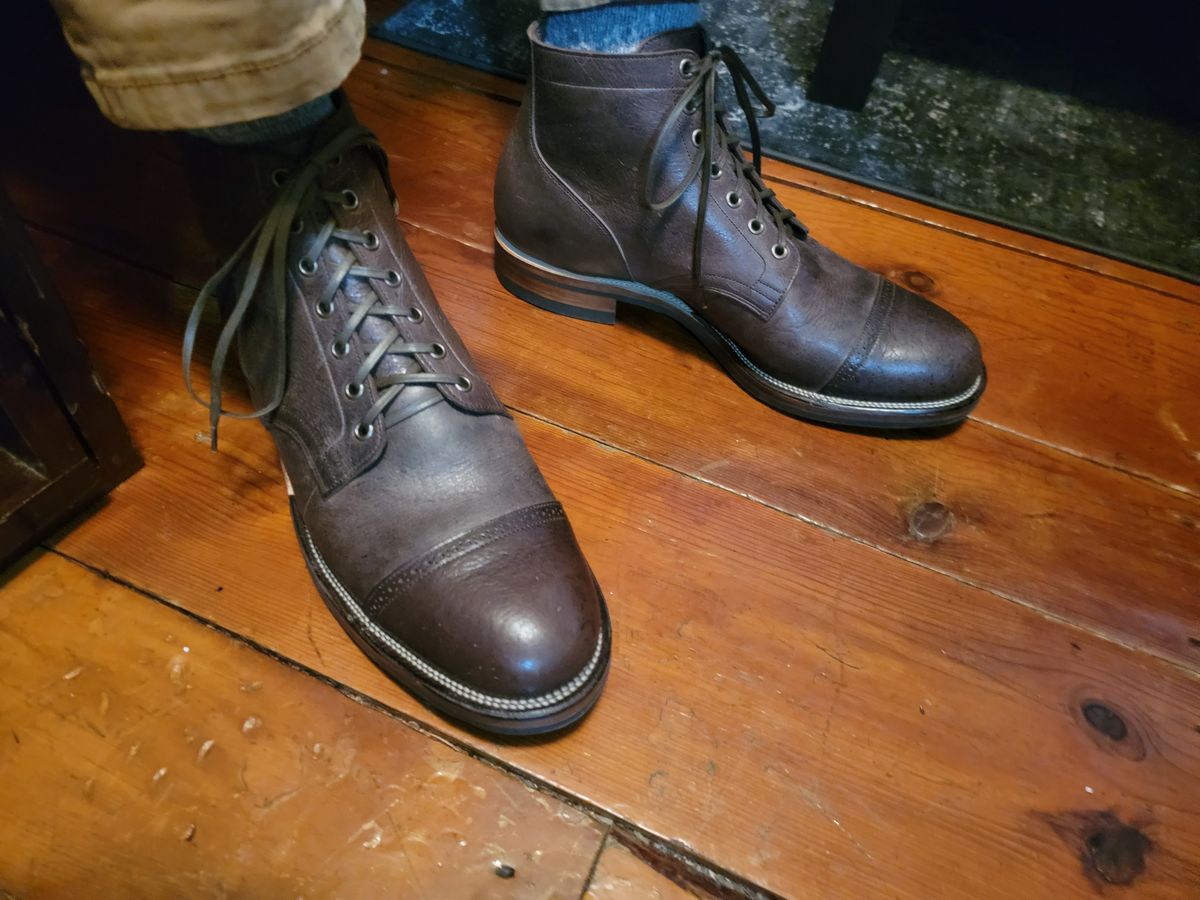 Photo by Griswald_Chillingsworth on December 1, 2022 of the Viberg Service Boot in Cf Stead Hummus Veg Veldt.
