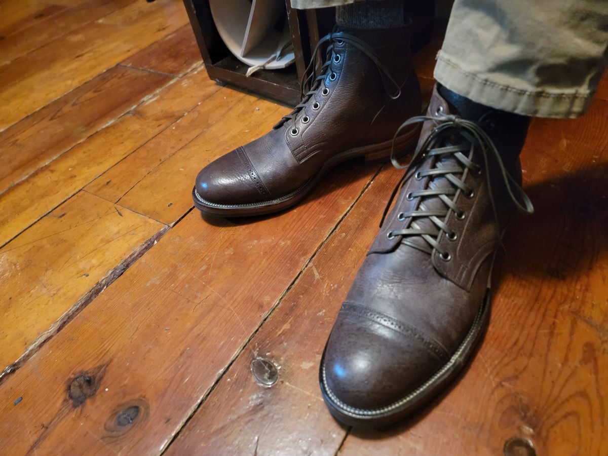Photo by Griswald_Chillingsworth on December 1, 2022 of the Viberg Service Boot in Cf Stead Hummus Veg Veldt.