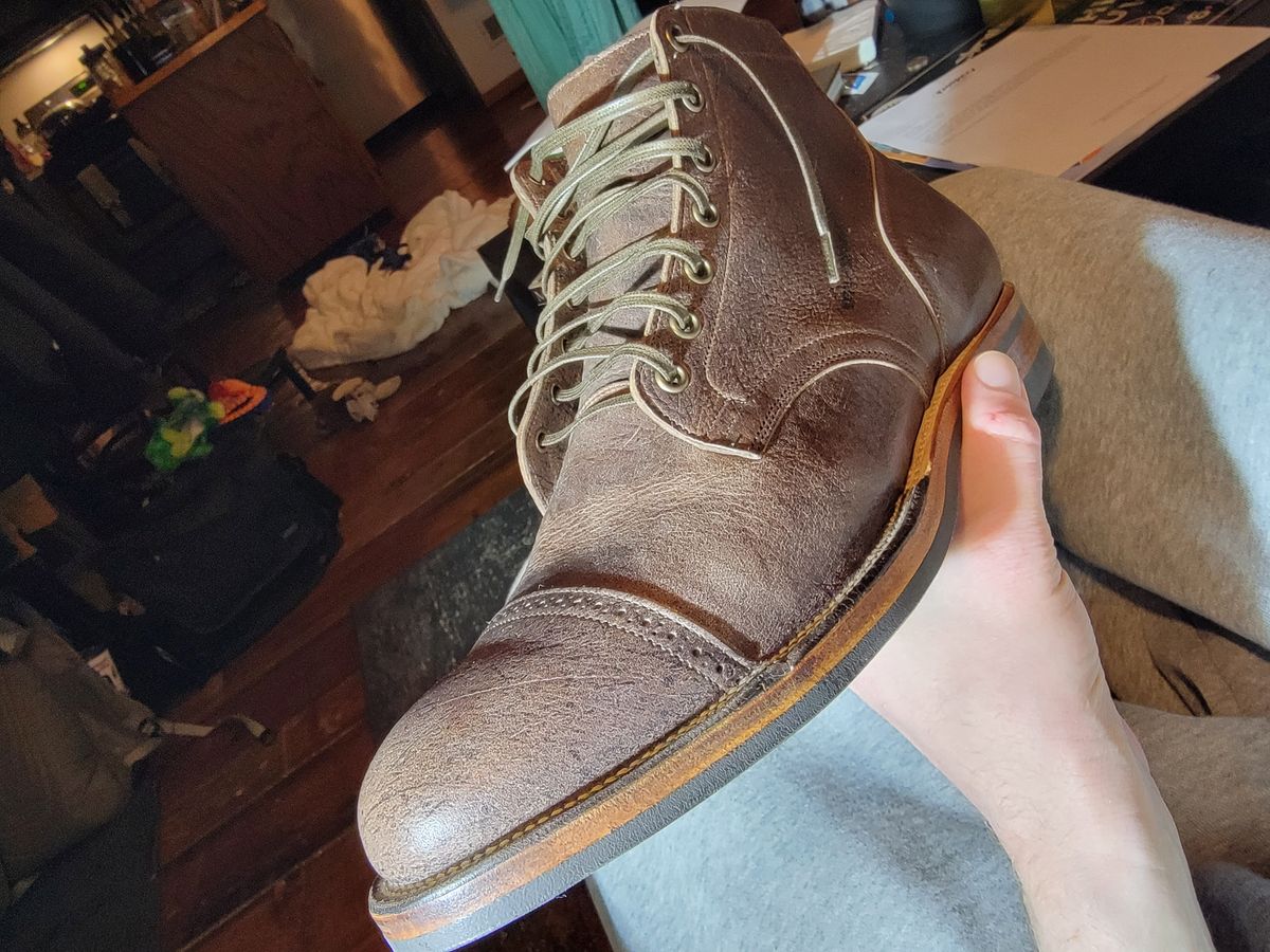 Photo by Griswald_Chillingsworth on November 30, 2022 of the Viberg Service Boot in Cf Stead Hummus Veg Veldt.