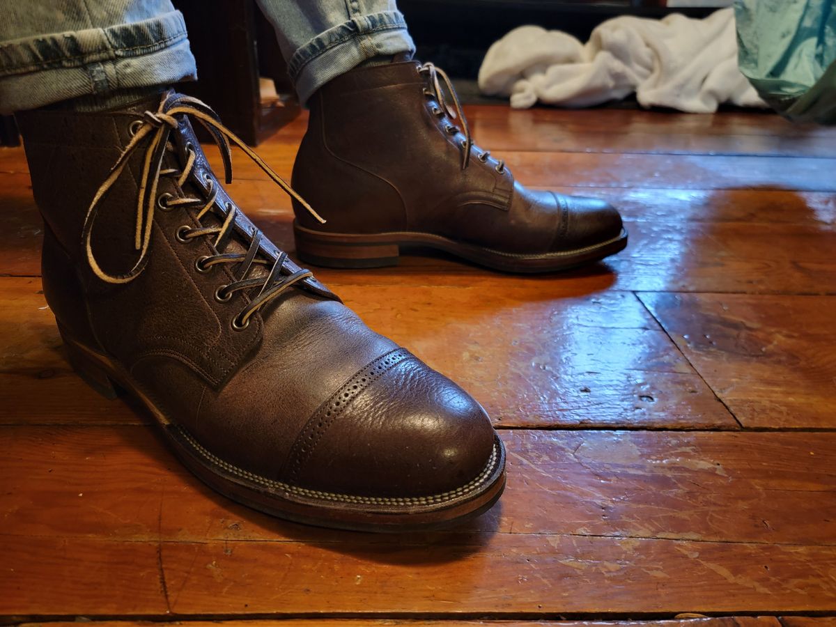 Photo by Griswald_Chillingsworth on January 2, 2023 of the Viberg Service Boot in Cf Stead Hummus Veg Veldt.