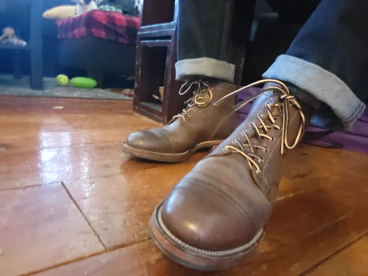 Photo by Griswald_Chillingsworth on December 10, 2022 of the Viberg Service Boot in Cf Stead Hummus Veg Veldt.