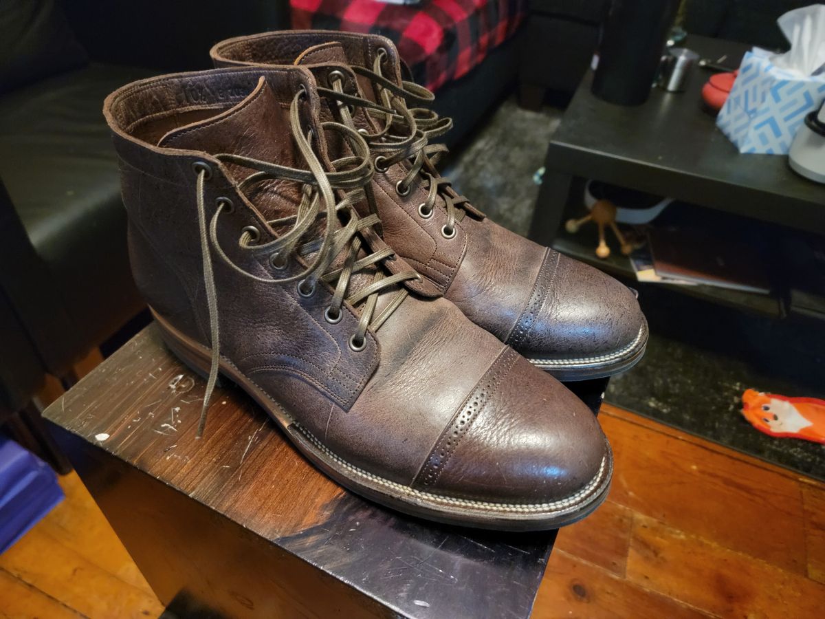 Photo by Griswald_Chillingsworth on December 1, 2022 of the Viberg Service Boot in Cf Stead Hummus Veg Veldt.