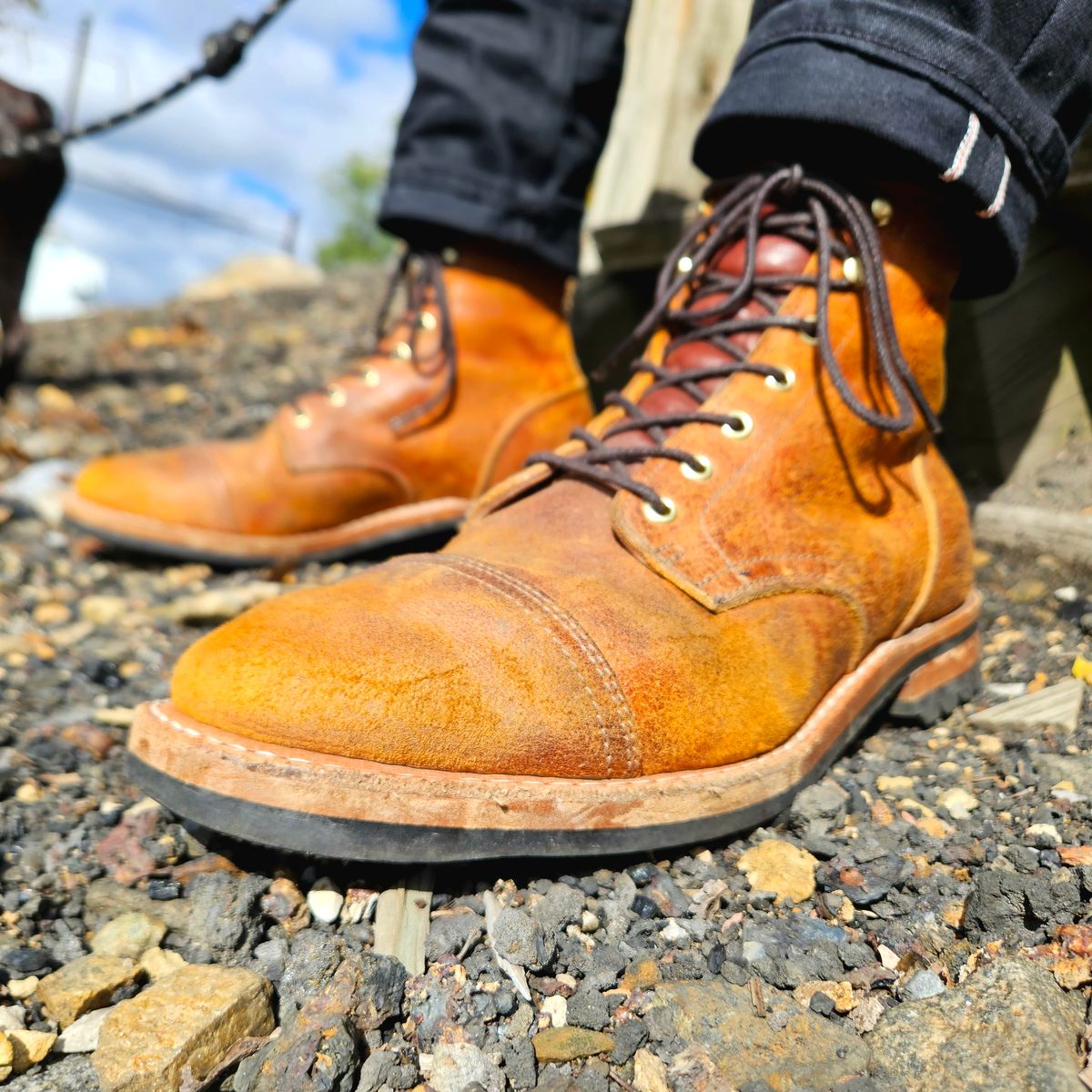 Photo by justinmcgustin on October 22, 2023 of the Truman Cap Toe Boot in C.F. Stead Coach Rambler.