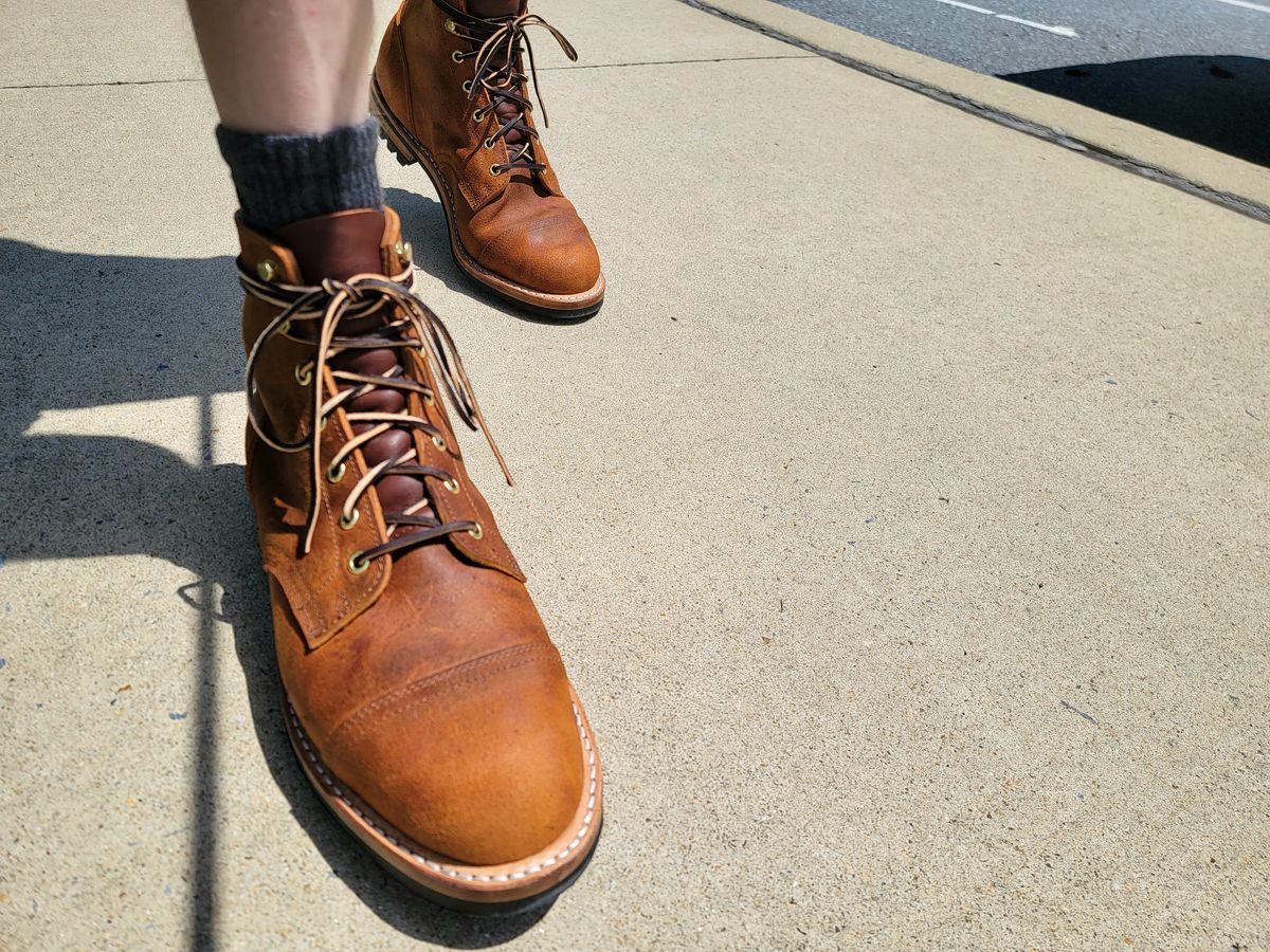 Photo by justinmcgustin on June 29, 2022 of the Truman Cap Toe Boot in C.F. Stead Coach Rambler.