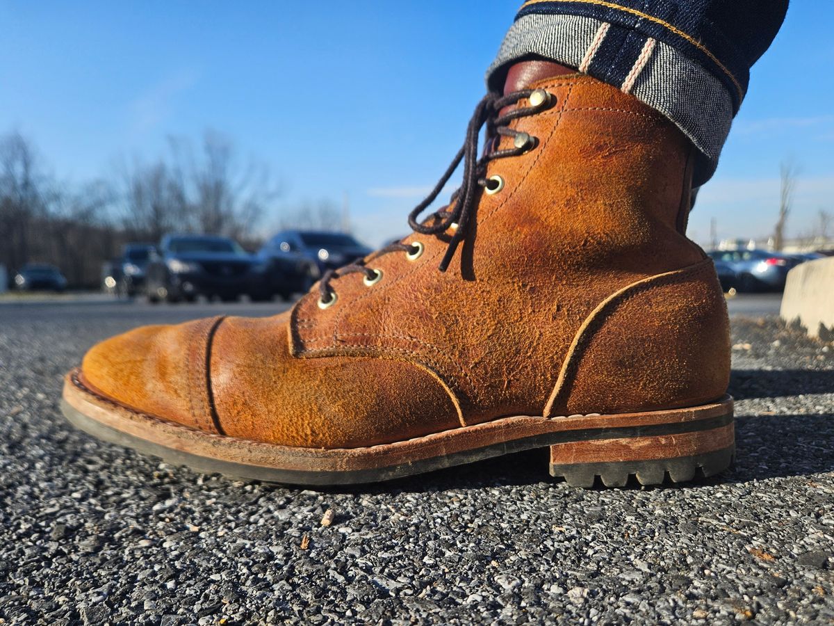 Photo by justinmcgustin on February 9, 2024 of the Truman Cap Toe Boot in C.F. Stead Coach Rambler.