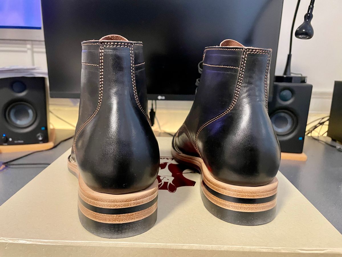 Photo by Faded.Patina on January 8, 2025 of the Jakkrabbits Service Boot in Shinki Black Teacore Horsehide.