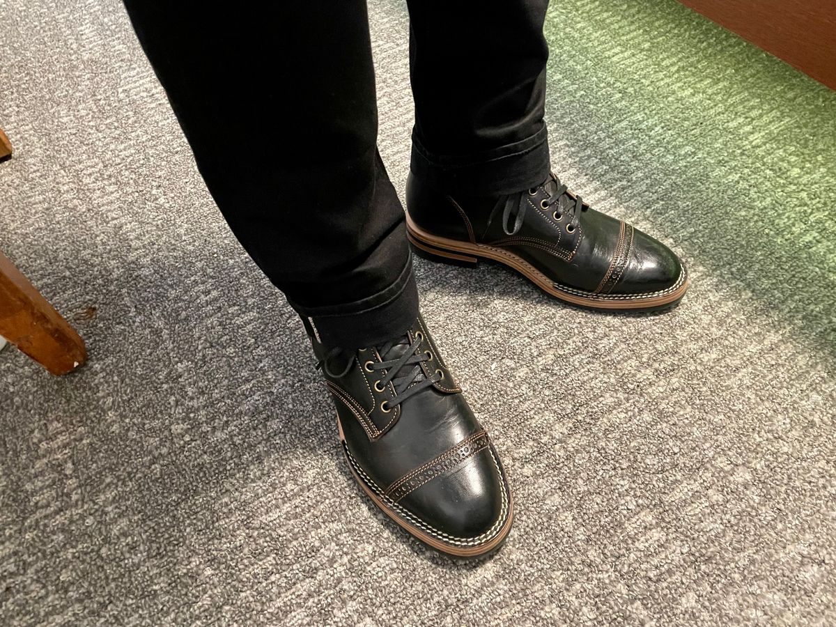 Photo by Faded.Patina on January 8, 2025 of the Jakkrabbits Service Boot in Shinki Black Teacore Horsehide.