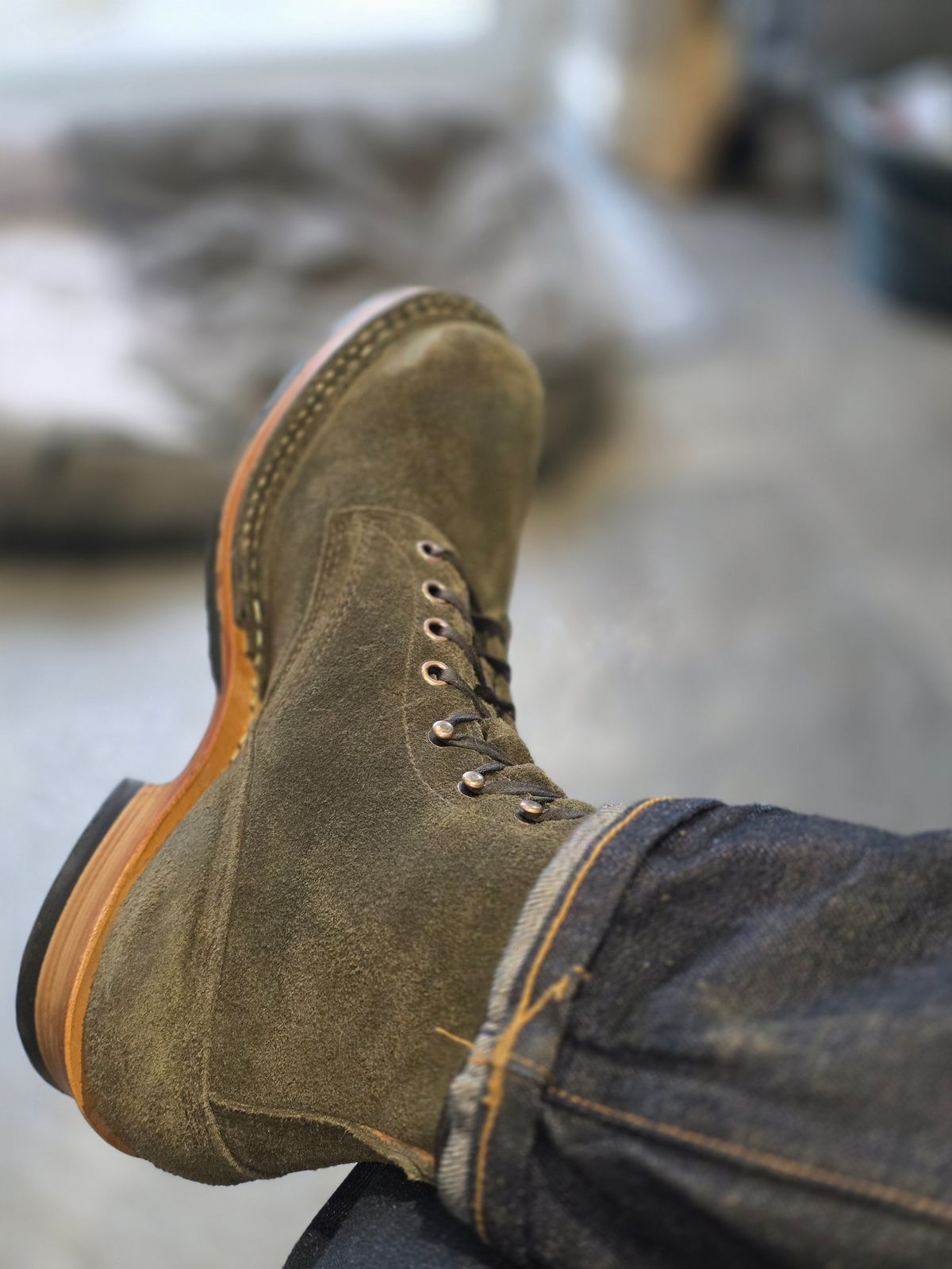 Photo by materialistic on March 27, 2026 of the Whites 355 HALF COMP LTD in C.F. Stead Snuff Desert Oasis Suede.