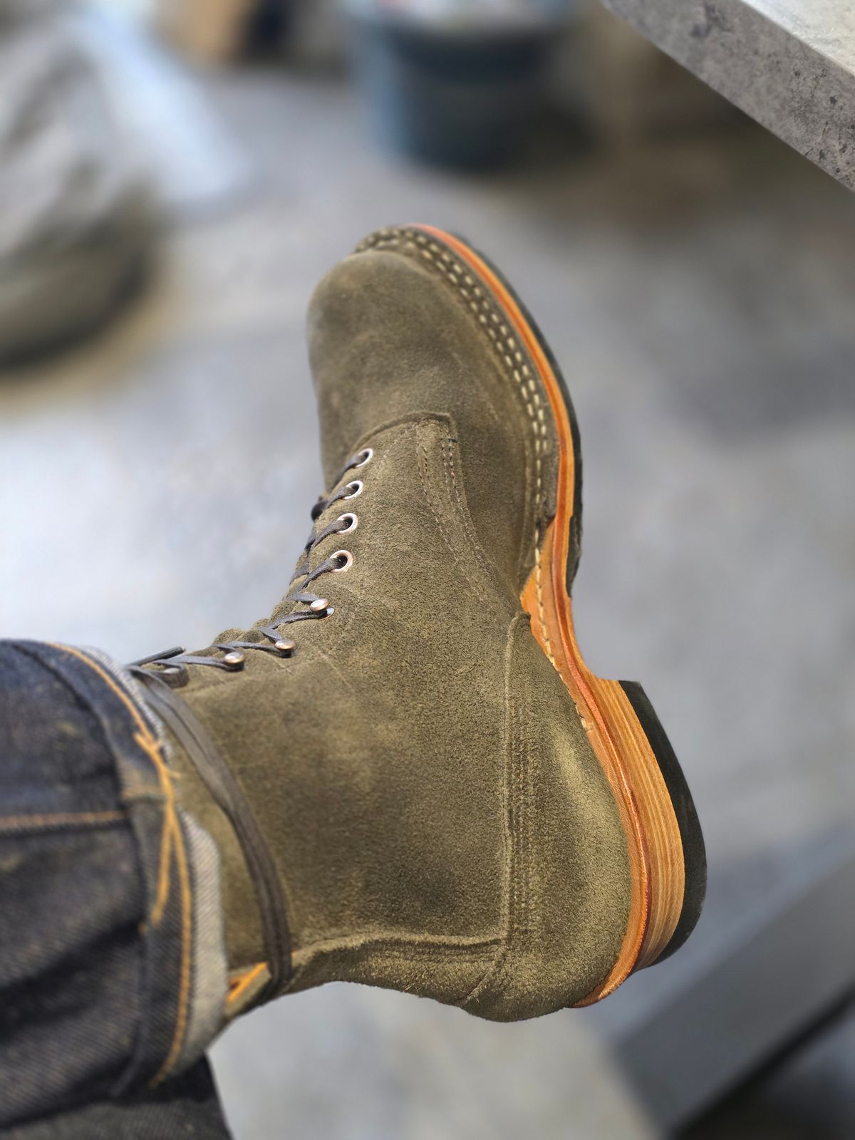 Photo by materialistic on March 27, 2026 of the Whites 355 HALF COMP LTD in C.F. Stead Snuff Desert Oasis Suede.