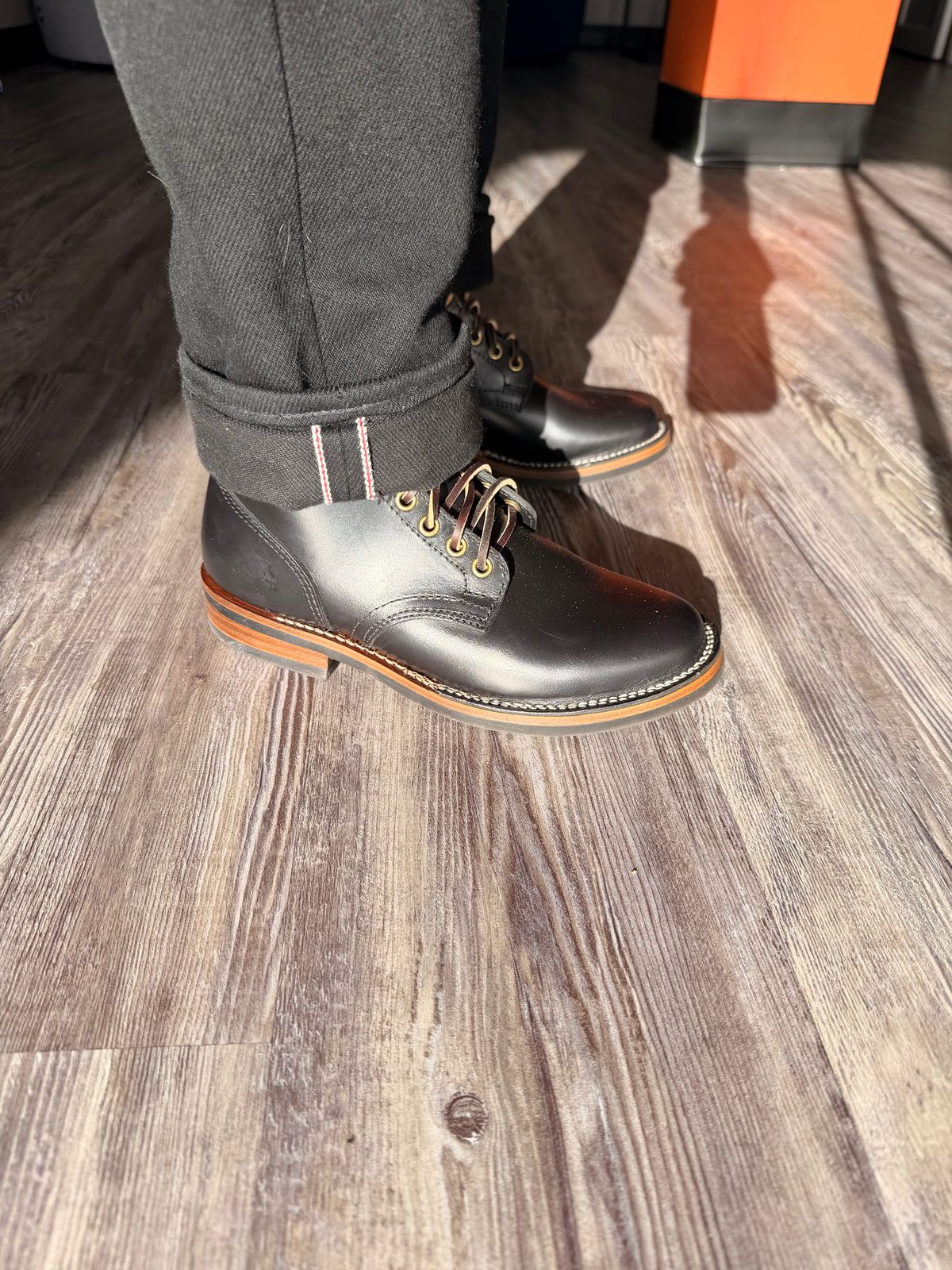 Photo by peanutsngranola on February 20, 2026 of the Brake House Flat Plain Toe Service Boot 3901 in Black Taiwan TYCHE Waxed Cowhide.