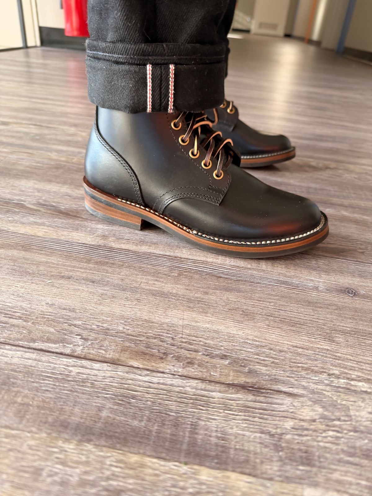 Photo by peanutsngranola on February 20, 2026 of the Brake House Flat Plain Toe Service Boot 3901 in Black Taiwan TYCHE Waxed Cowhide.
