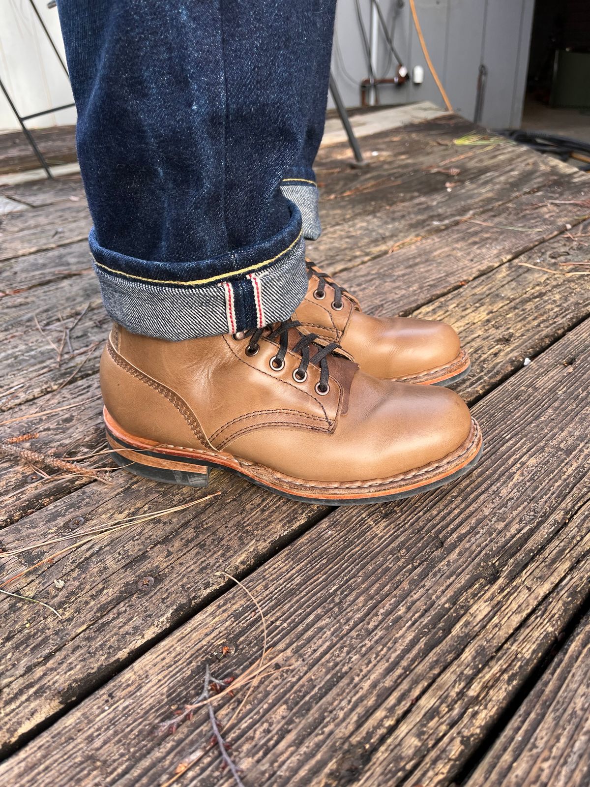 Photo by peanutsngranola on March 6, 2025 of the White's MP-Sherman Plain Toe in Horween Natural Chromexcel.