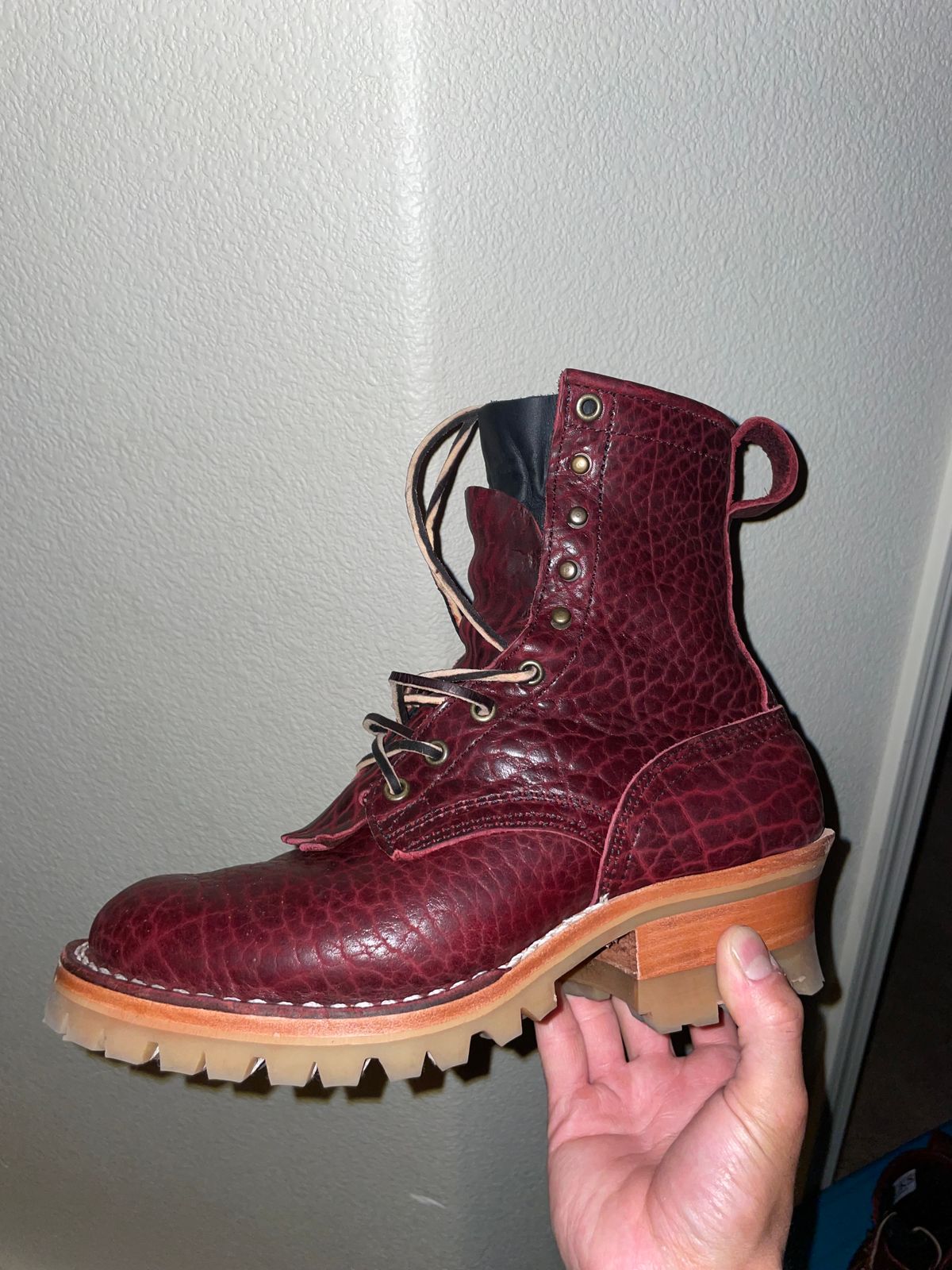 Photo by mr.t.roy on July 11, 2025 of the Nicks MTO in Law Tanning Oxblood Smooth Shruken Bison.