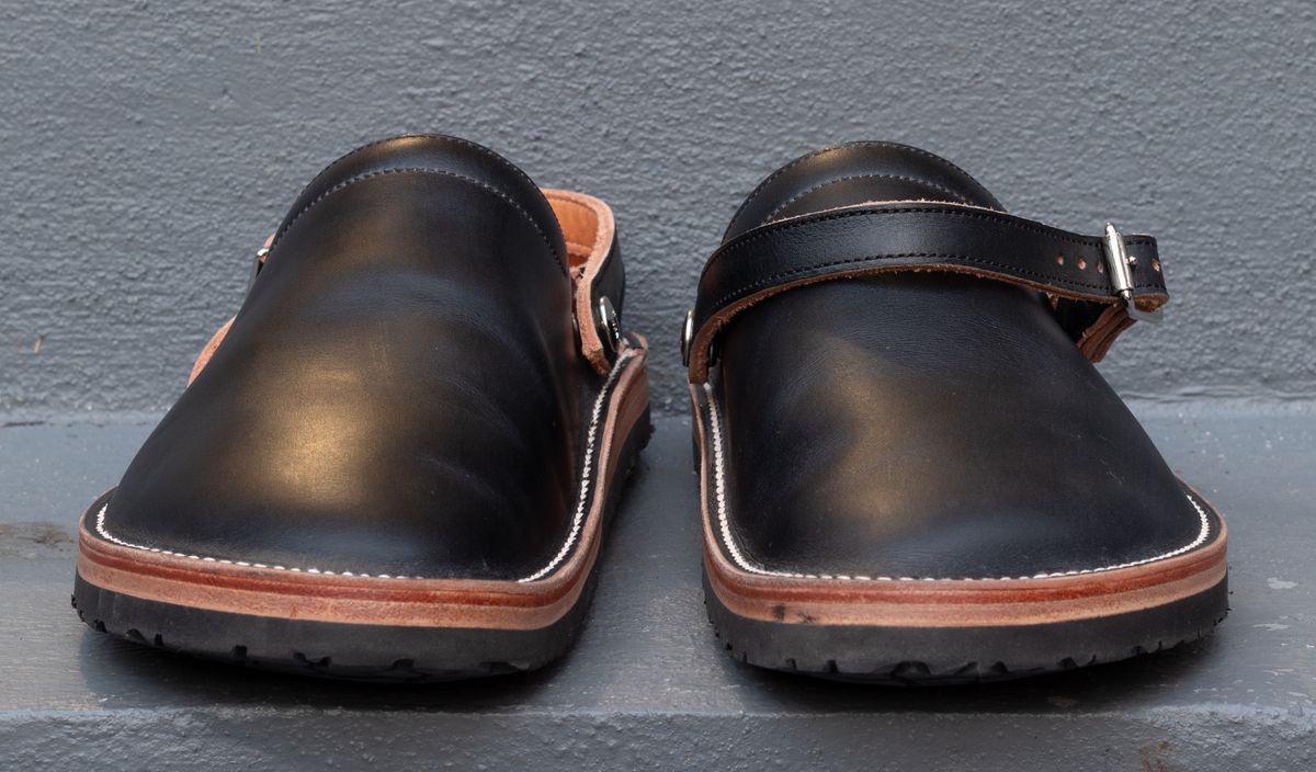 Photo by JewishJesus on November 2, 2025 of the Zerrows Sabot Sandal in Horween Black Latigo.