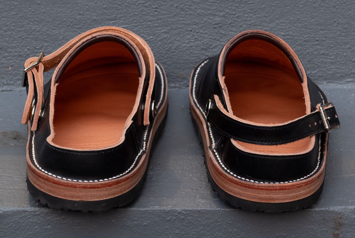 Photo by JewishJesus on November 2, 2025 of the Zerrows Sabot Sandal in Horween Black Latigo.