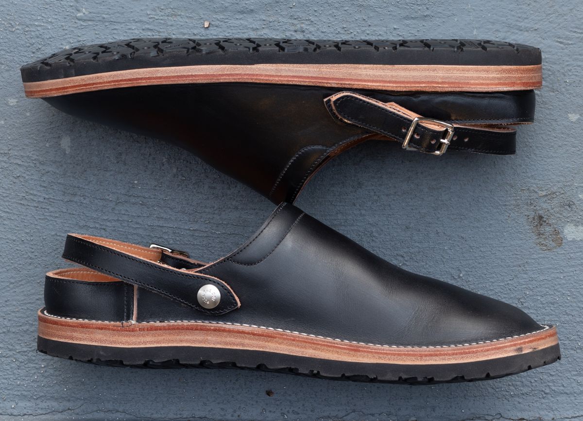 Photo by JewishJesus on November 2, 2025 of the Zerrows Sabot Sandal in Horween Black Latigo.