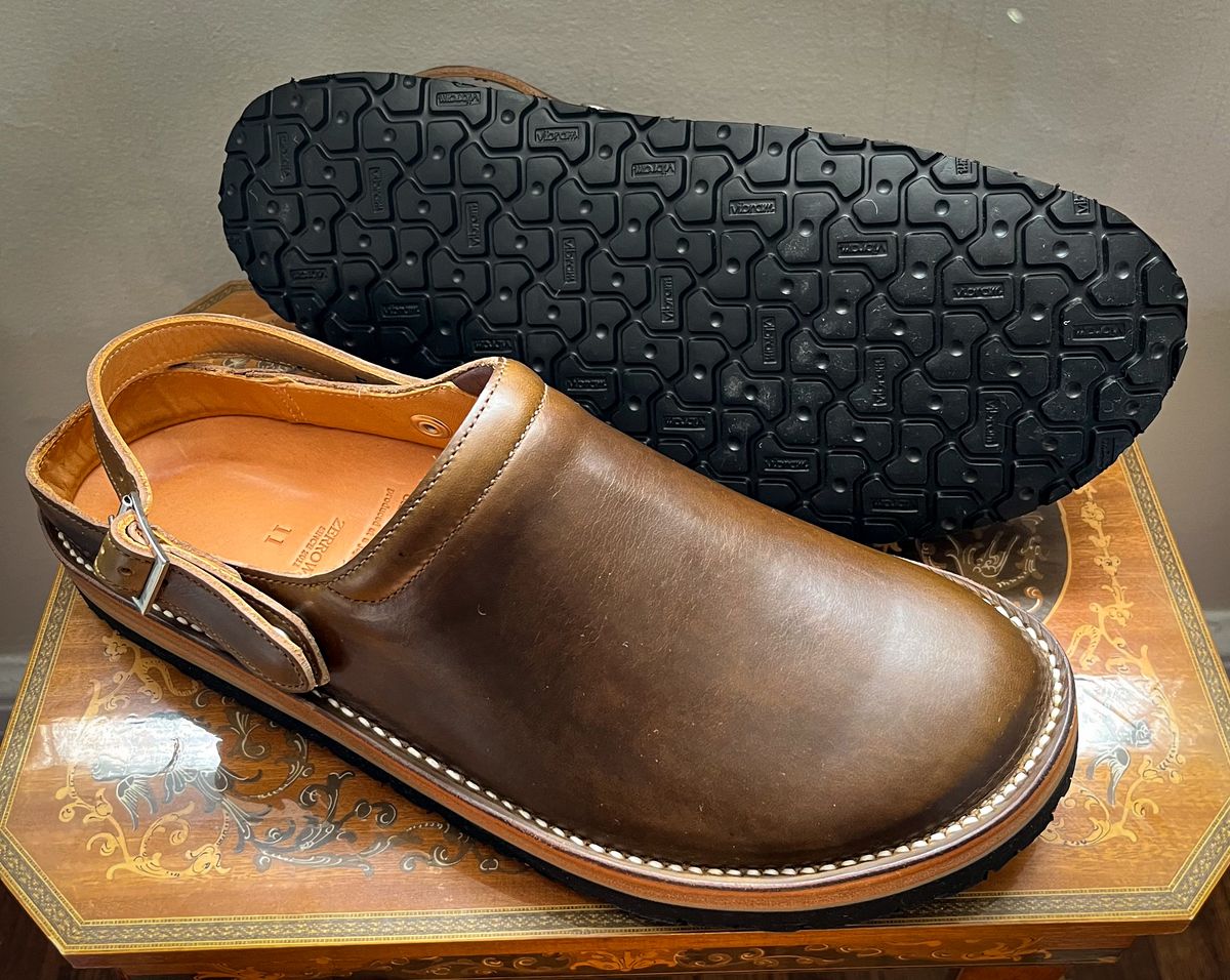 Photo by JewishJesus on June 20, 2026 of the Zerrows Sabot Sandal in Horween Olive Chromexcel.